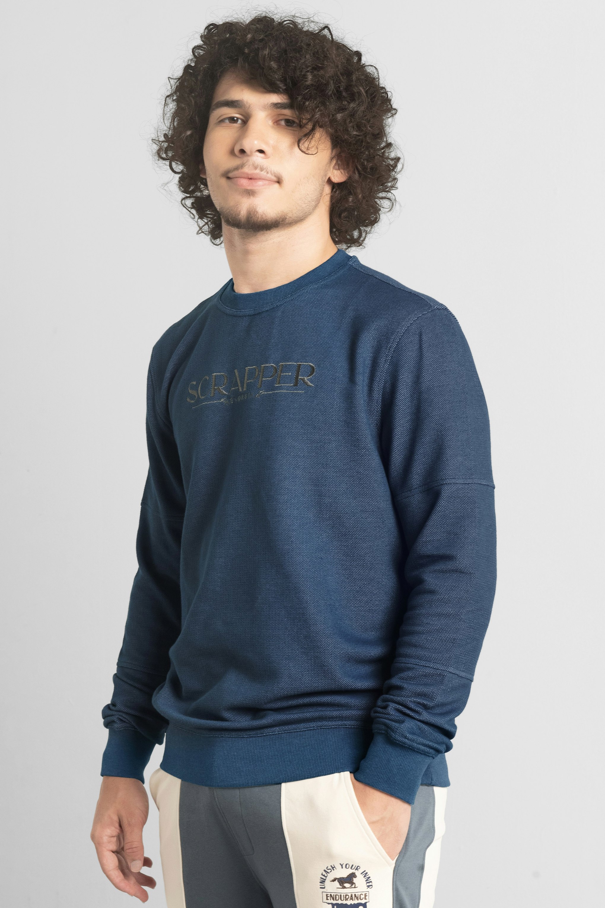 Enorsia Blue Heavy Pique Terry Crew Neck Sweatshirt - L - 85% Cotton, 15% Polyester