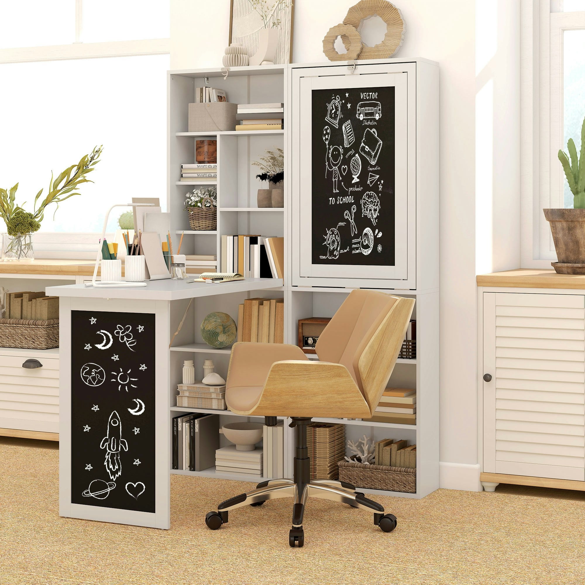 HOMCOM White Folding Convertible Desk with Bookshelf - Image 3