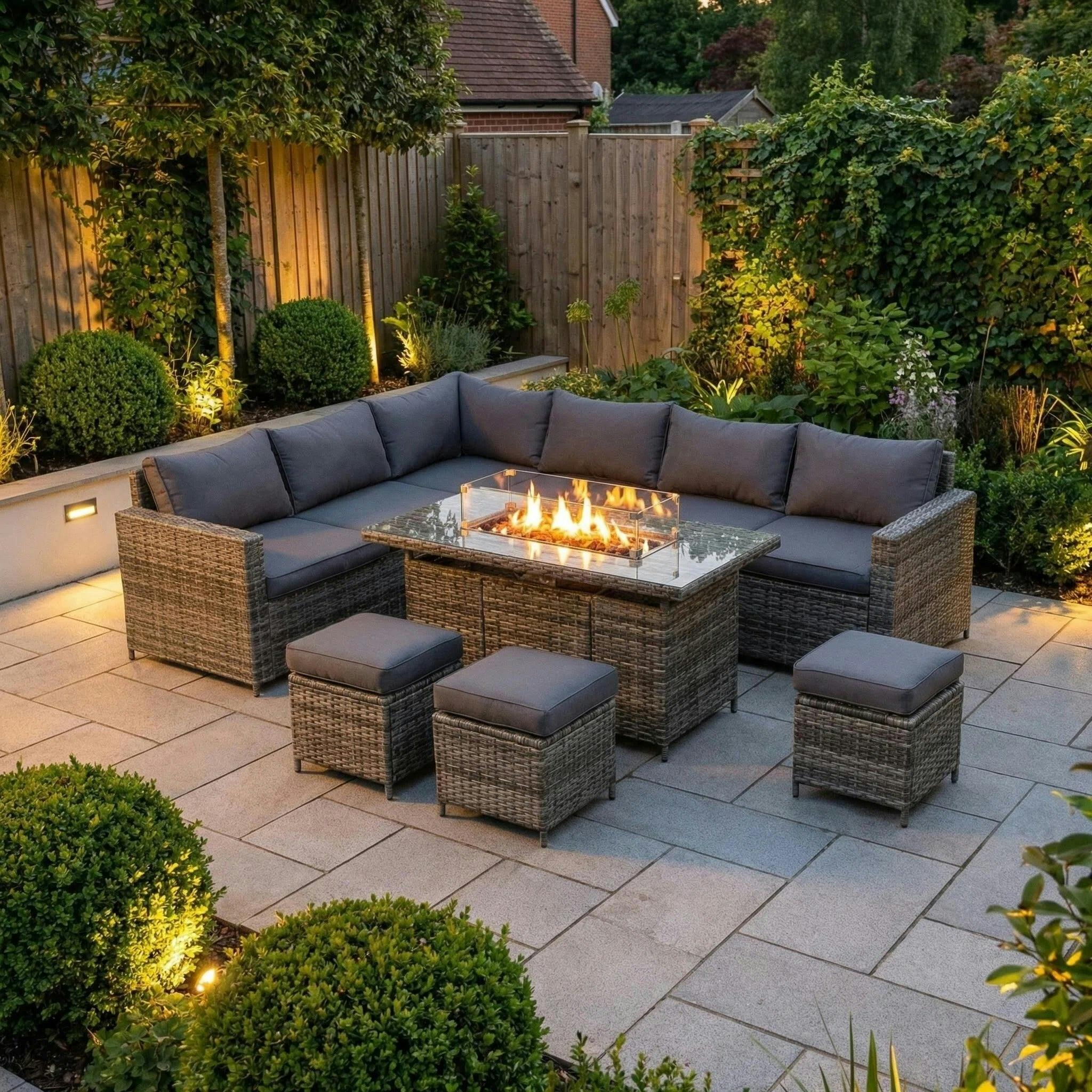 Rackhams Grey The Tarporley 9 Seat Corner Firepit Rattan Dining Set
