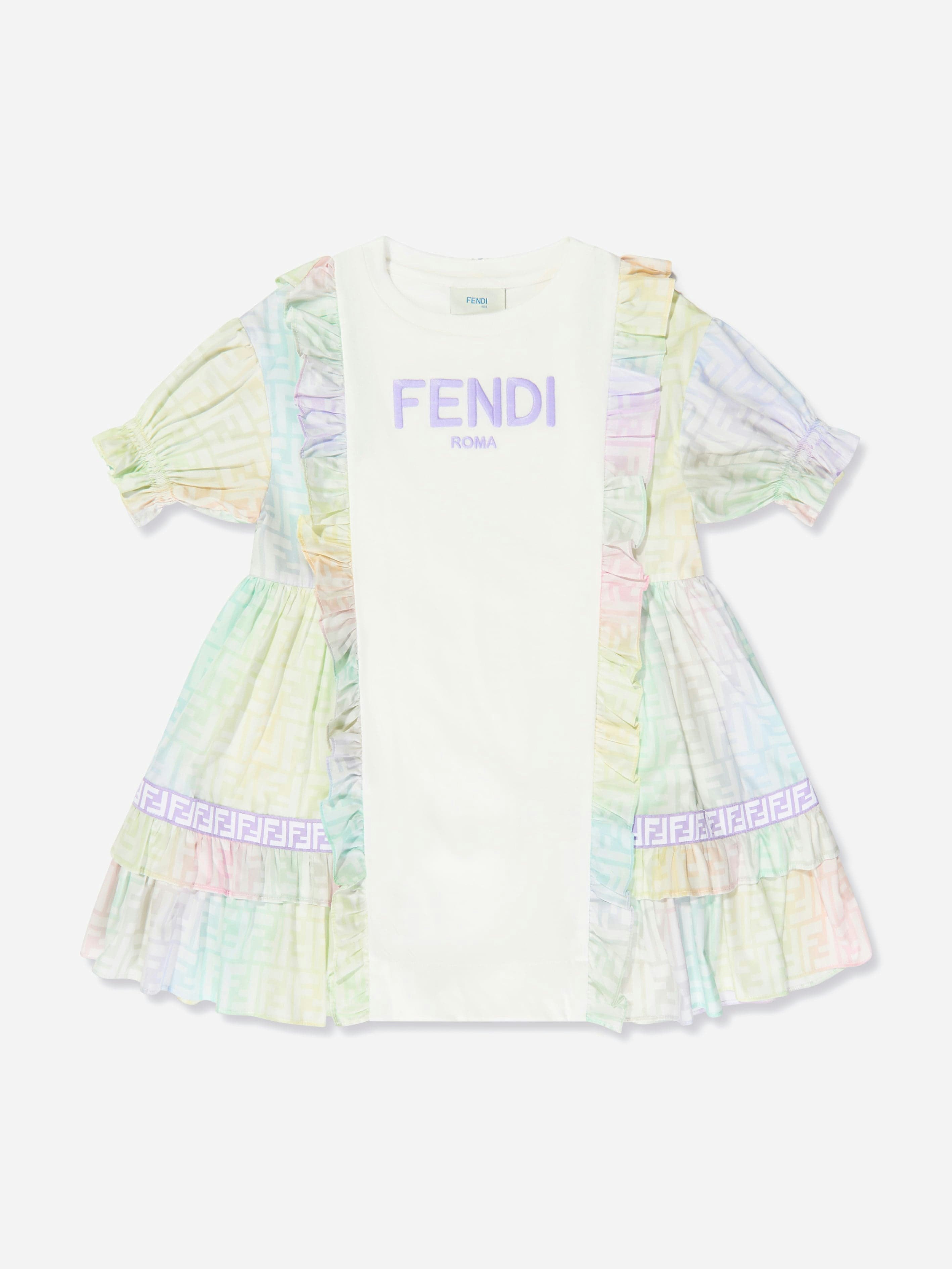 Fendi Kids Girls White Fendi Ff Logo Metaverse Dress In - Multicoloured - 12 Yrs
