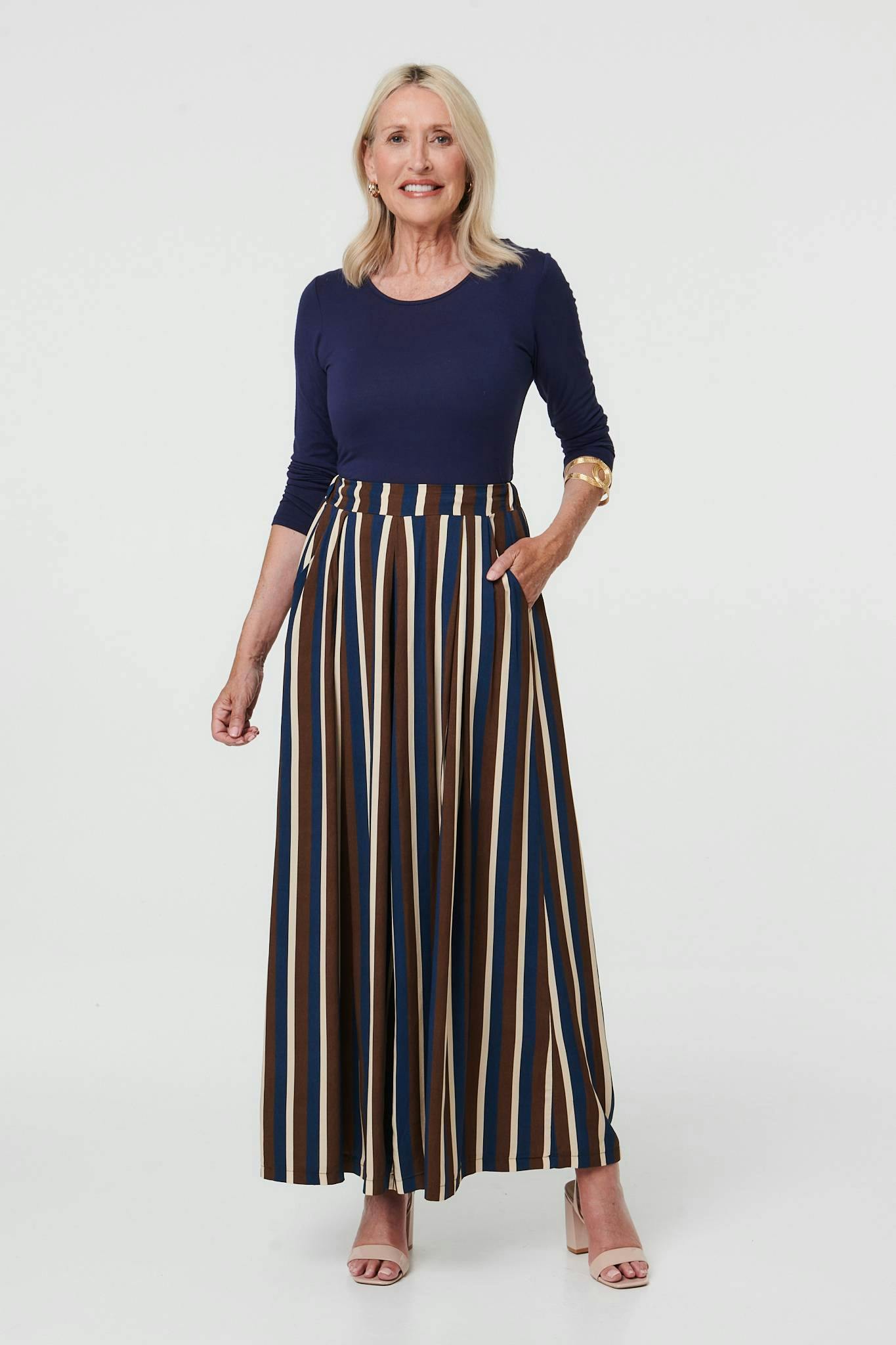 Izabel London Striped High Waist Wide Trousers - M - Navy