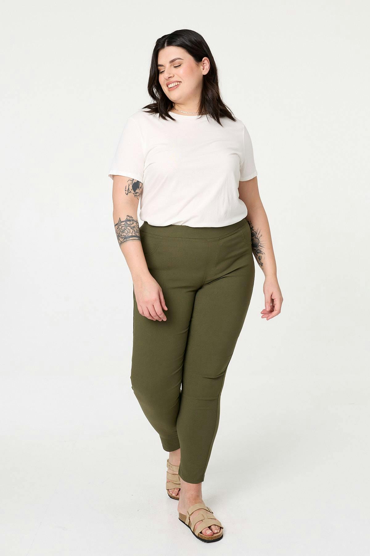Izabel London Curve Stretchy High Waist Jeggings - Khaki - 18/20