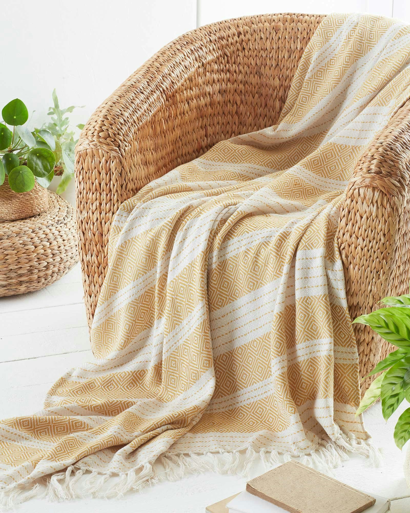 Rackhams Grey Diamond Throw Made From Recycled Plastic Bottles - Ochre