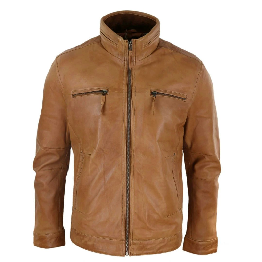 Infinity Leather Men's Leather Company Leather Jacket Zipped Biker High Collar - Tan - 5XL