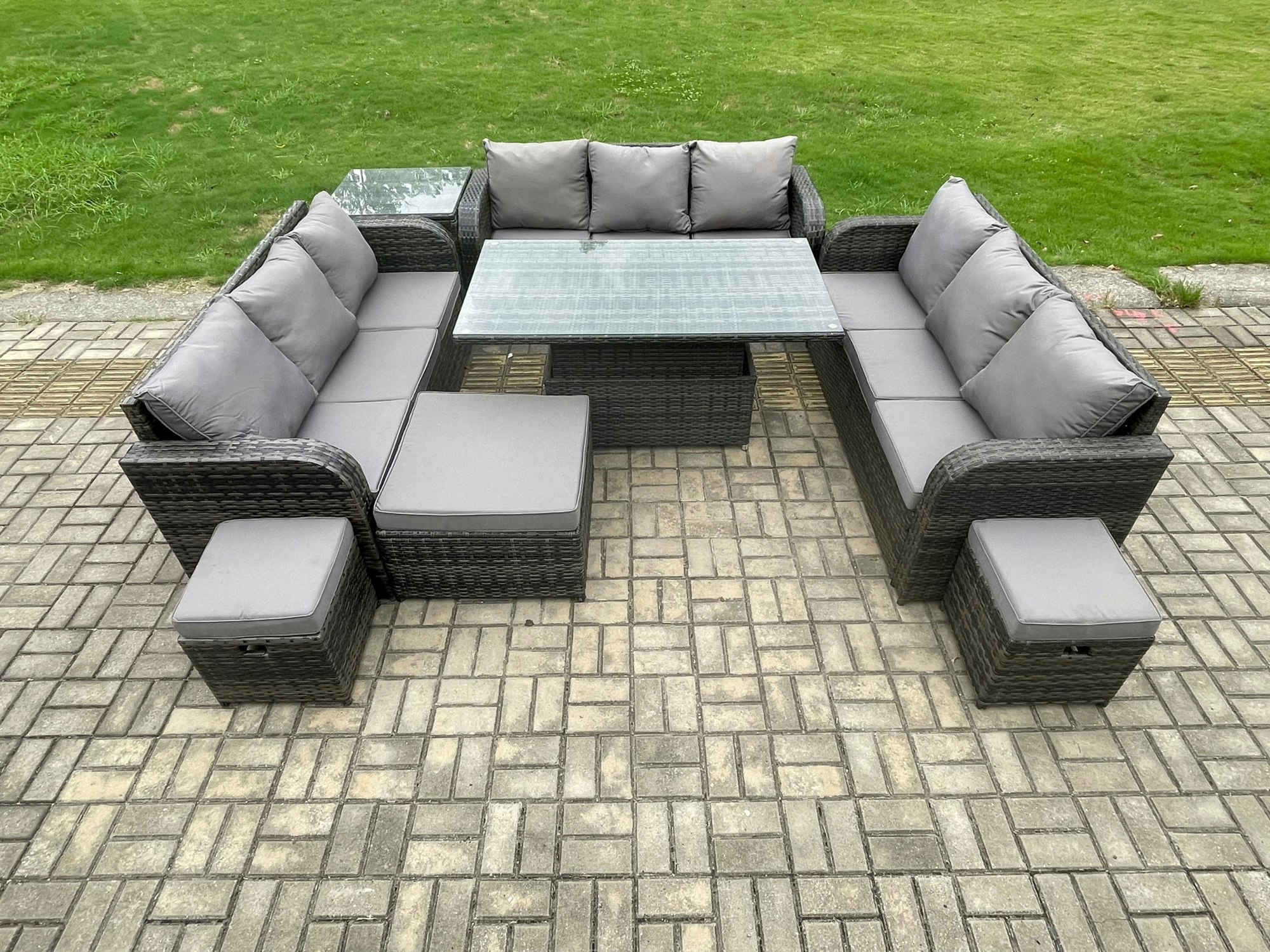 Fimous Dark/Grey Garden Dining Sets Outdoor Rattan Furniture Lounge Sofa Height Adjustable Rising Lifting Table With Side Table 3 Footstools Mixed