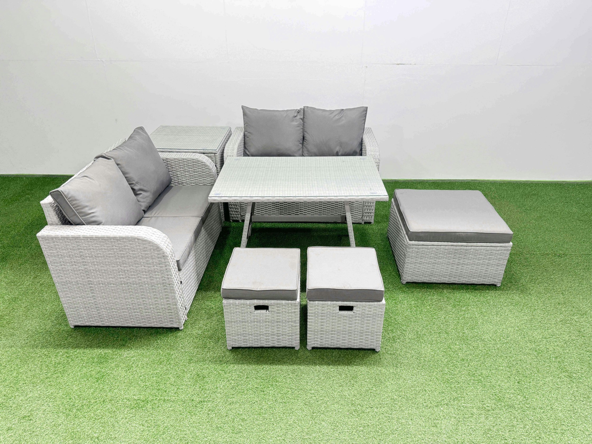 Fimous Light/Grey 7 Seater Outdoor Love Sofa Set Rattan Garden Furniture Set With Rectangular Dining Table Side Table 3 Footstools