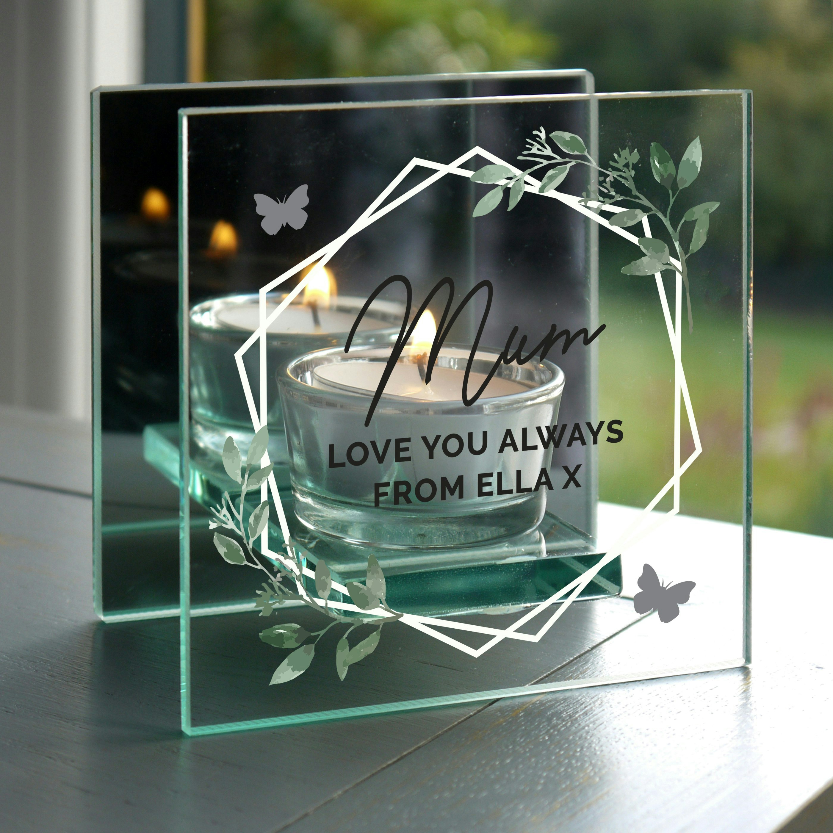 Rackhams Light Personalised Mirrored Glass Tea Candle Holder