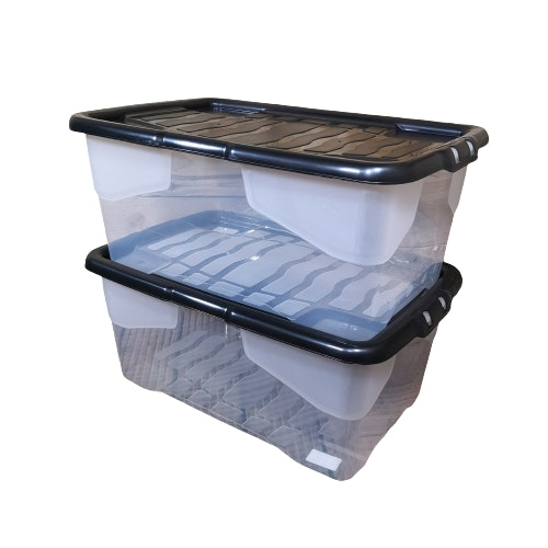 Rackhams Black 2 X 42L Clear Storage Box With Lid, Stackable And Nestable Design Storage Solution