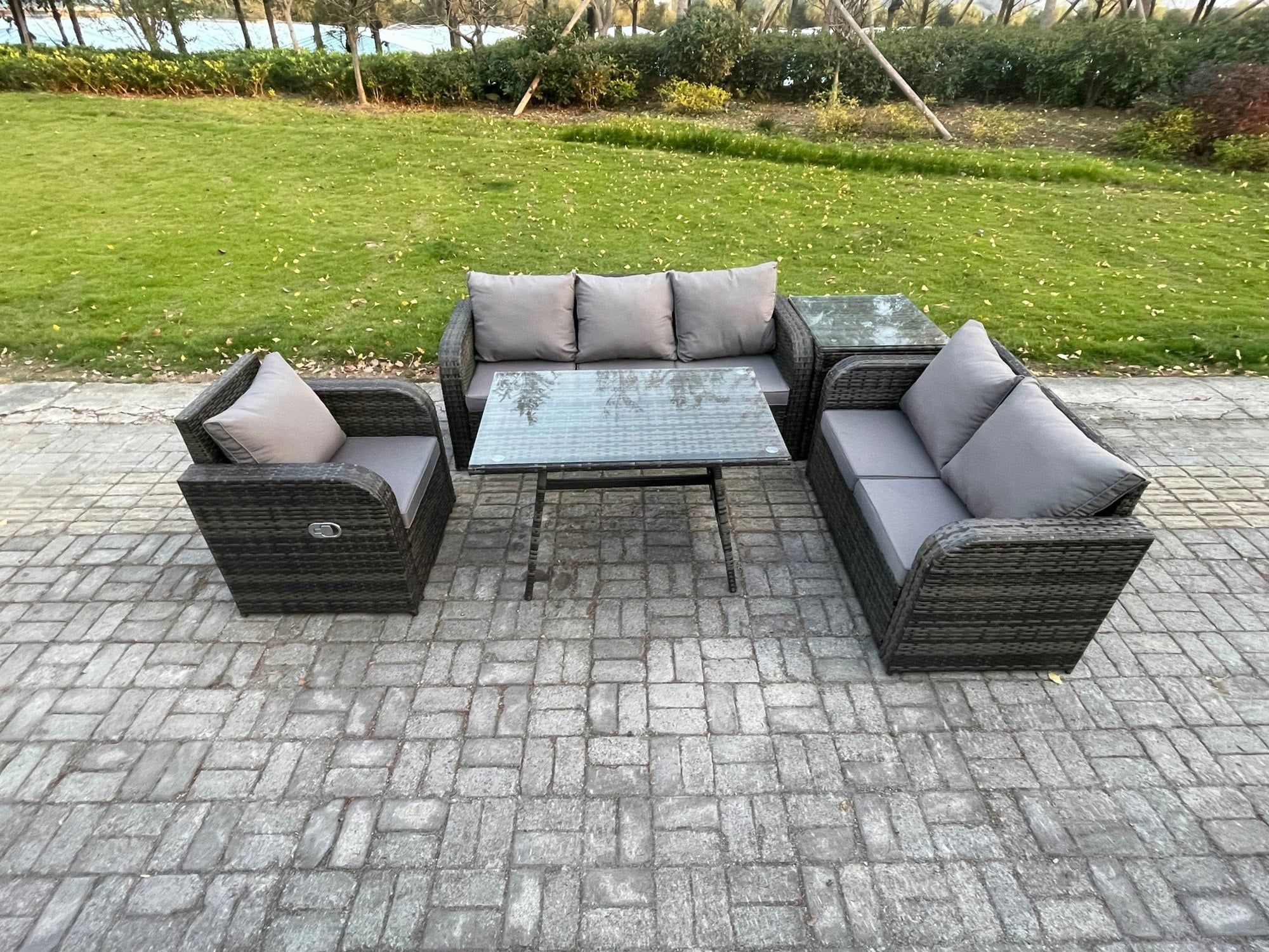 Fimous Dark/Grey 6 Seater Outdoor Rattan Garden Furniture Set Patio Lounge Sofa Set With Dining Table Side Table Mixed