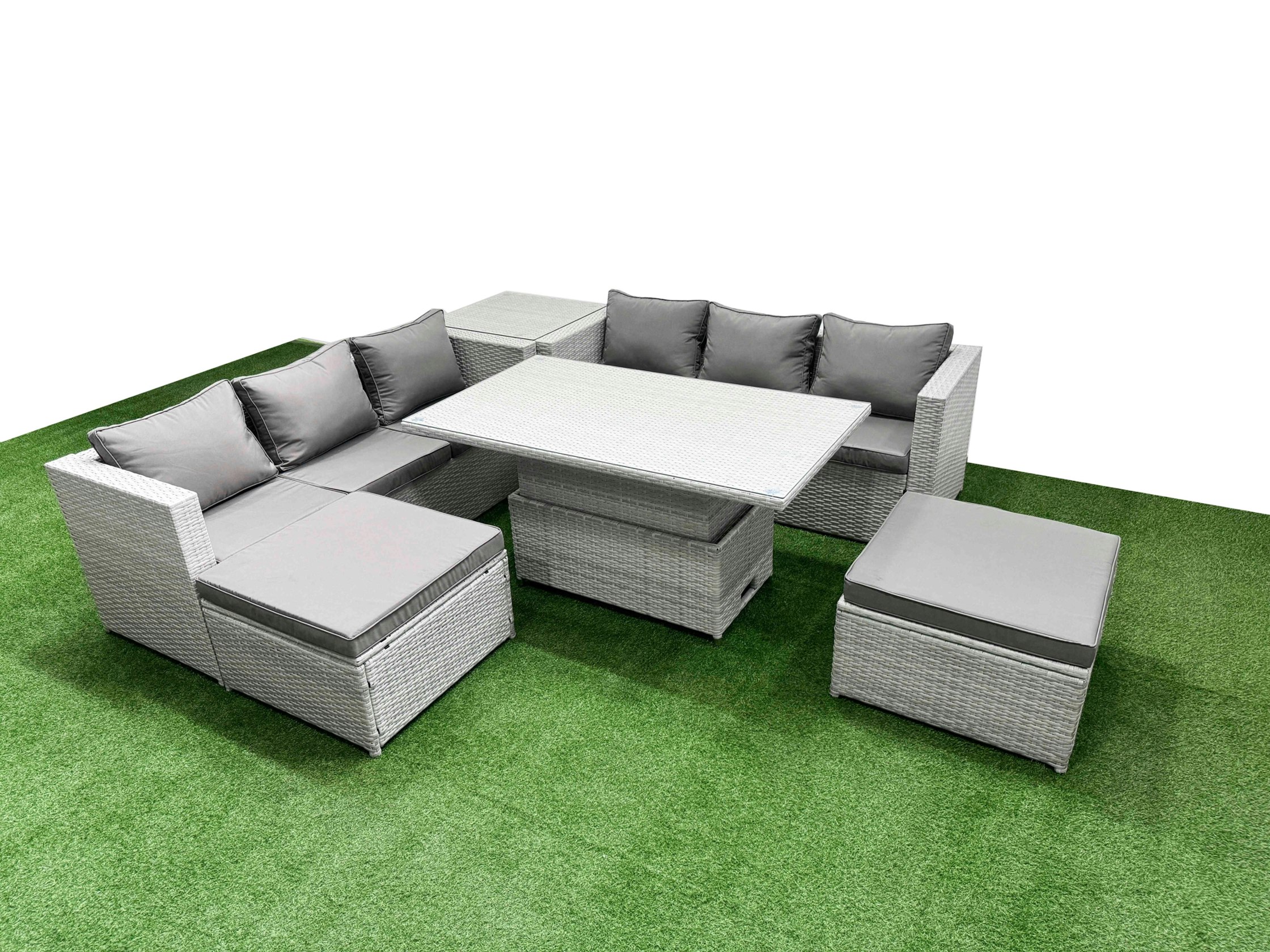 Fimous Light/Grey 6 Pcs Rising Dining Table Set Rattan Furniture Set With 3 Seater Sofa 2 Big Footstools Side Table