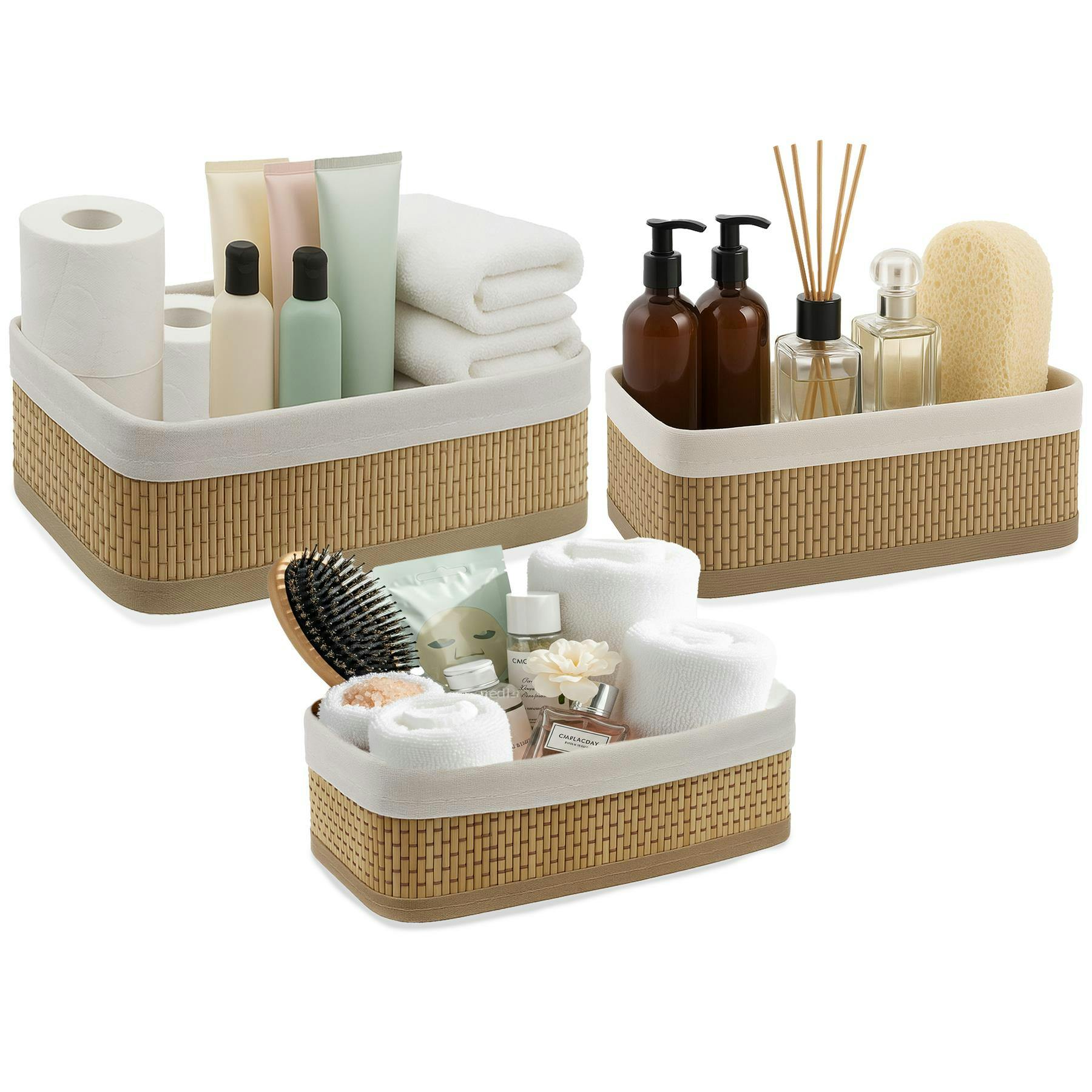 Mantraraj Bamboo 3Pcs Rectangular Shelf Basket Set 3 Storage Bins Storage Shelf Baskets With Lining - Bamboo - Natural - Storage Basket