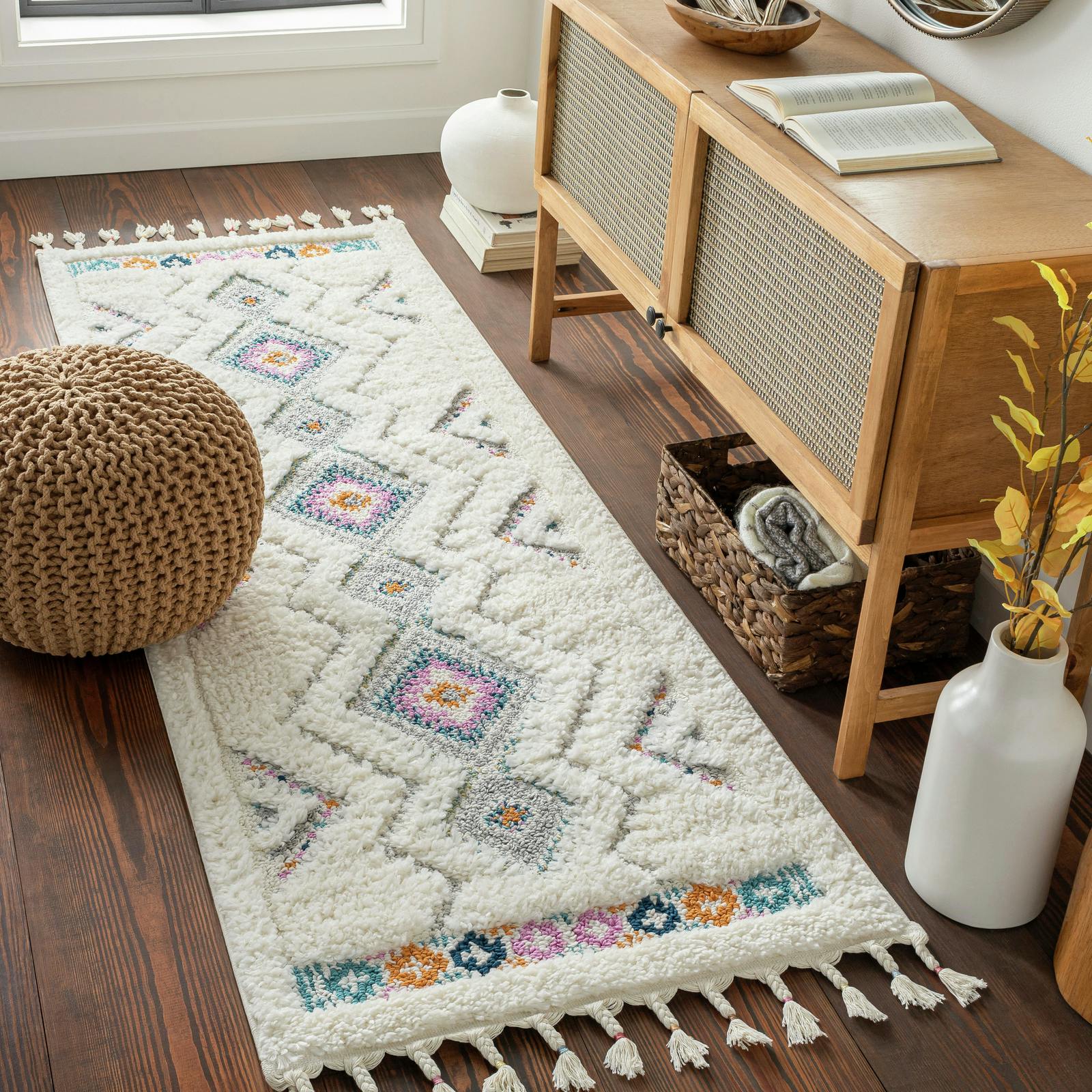Livabliss Ivory/Orange/Blue Lofty-Shaggy Vintage Boho Plush Soft Pile Fringe Rug - 80 X 220 Cm