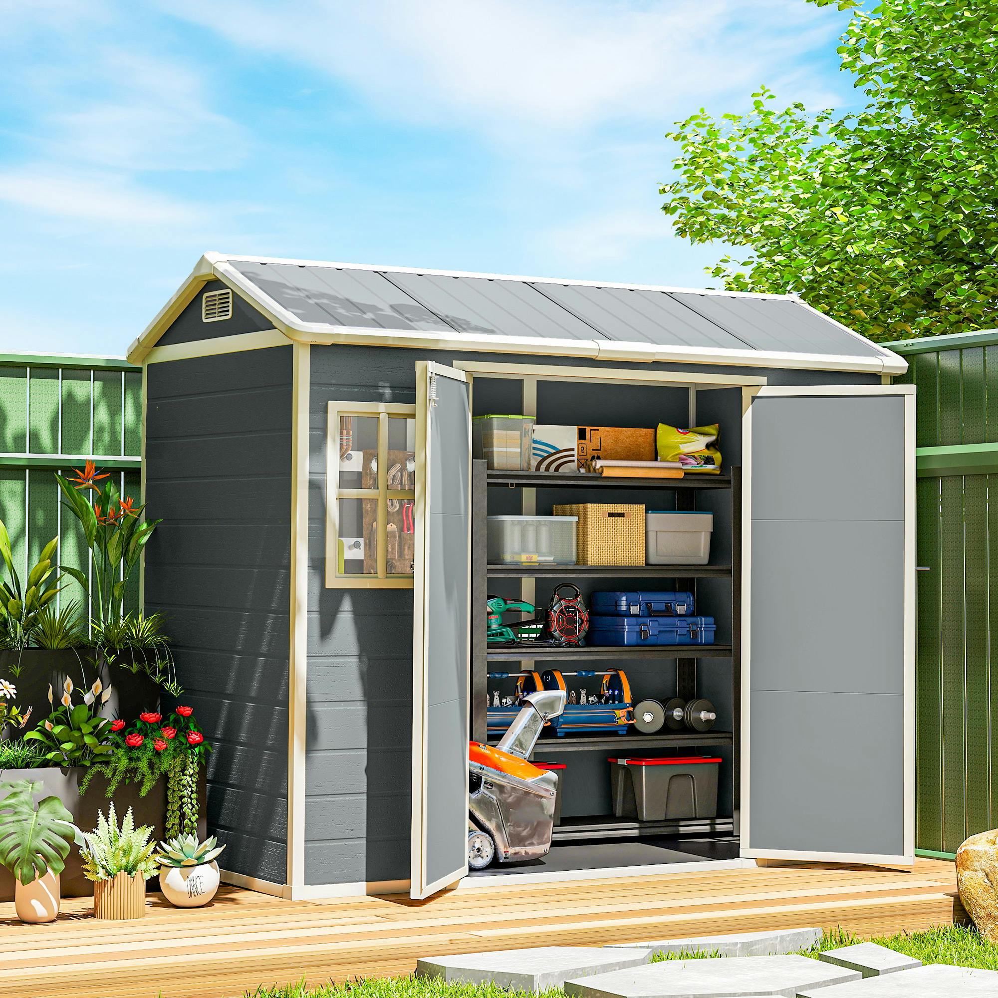 Rackhams Light/Grey 8 X 4 Ft Resin Garden Shed With Floor, Lockable Doors