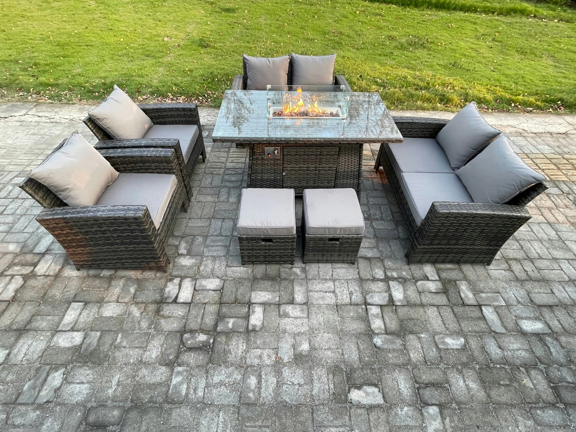 Rackhams Dark/Grey 4-Seater Wicker Rattan Outdoor Gas Fire Pit Dining Set | Double Sofa, 2 Footstools, Heater |