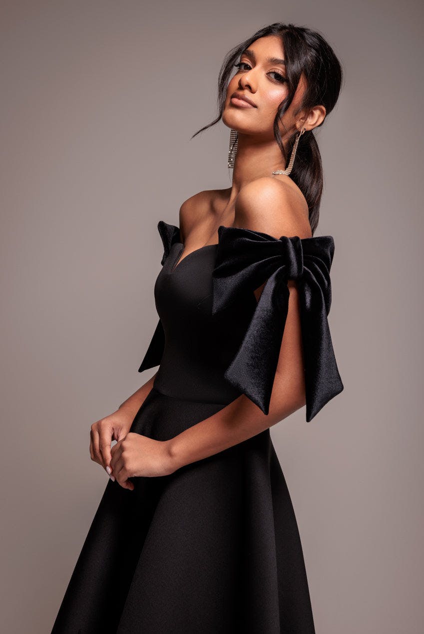 Goddiva Black Scuba Off The Shoulder Velvet Bow Skater Midi Dress - By - 14