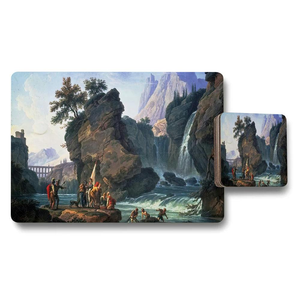Benjamin Tate Design Waterfall Landscape Placemat And Coaster Set With Scenic River Art