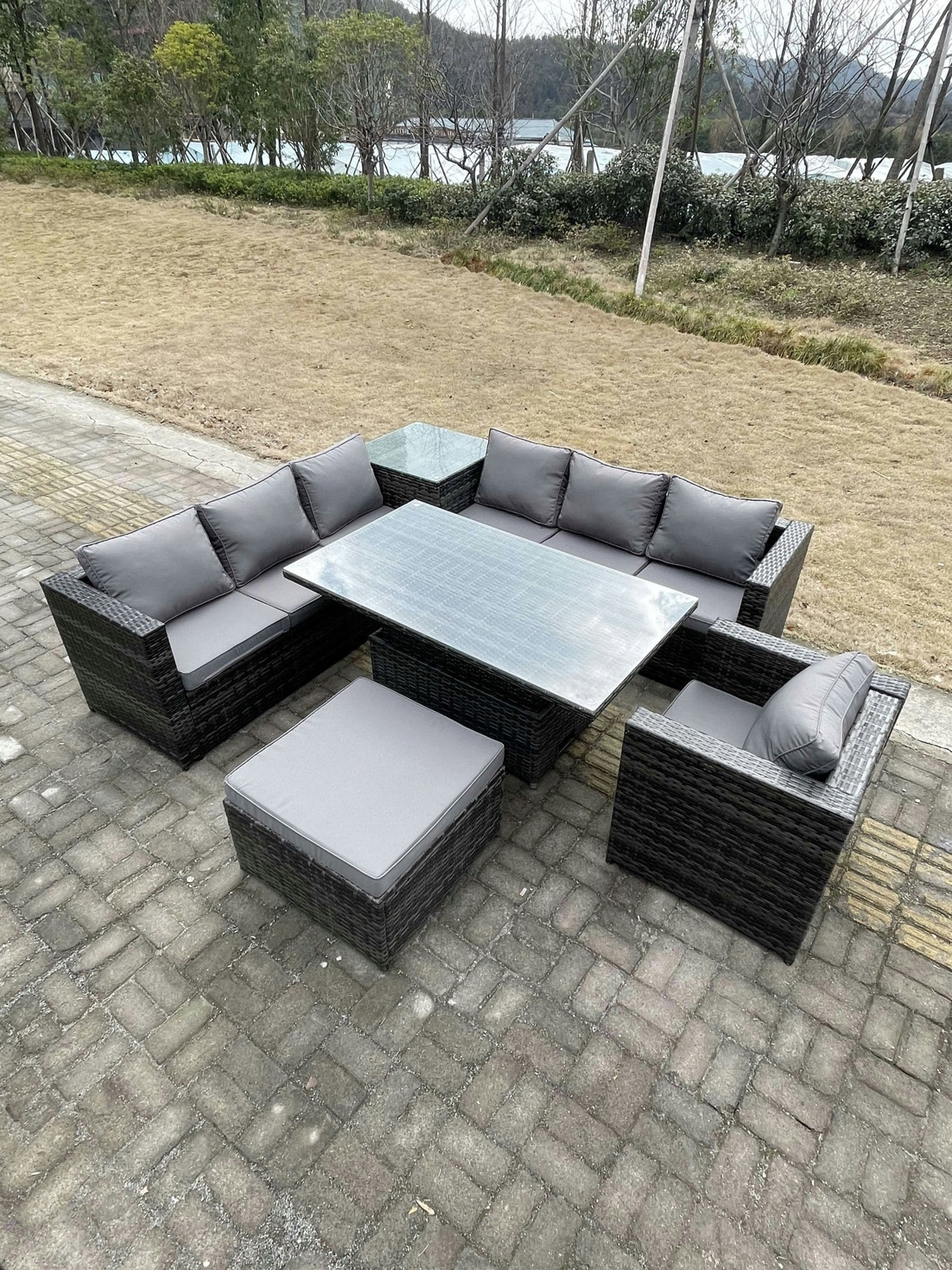 Fimous Dark/Grey 8 Seater Pe Rattan Corner Sofa Set Rising Adjustable Dining Table Set High Side Coffee Table With Arm Chair Big Footstool