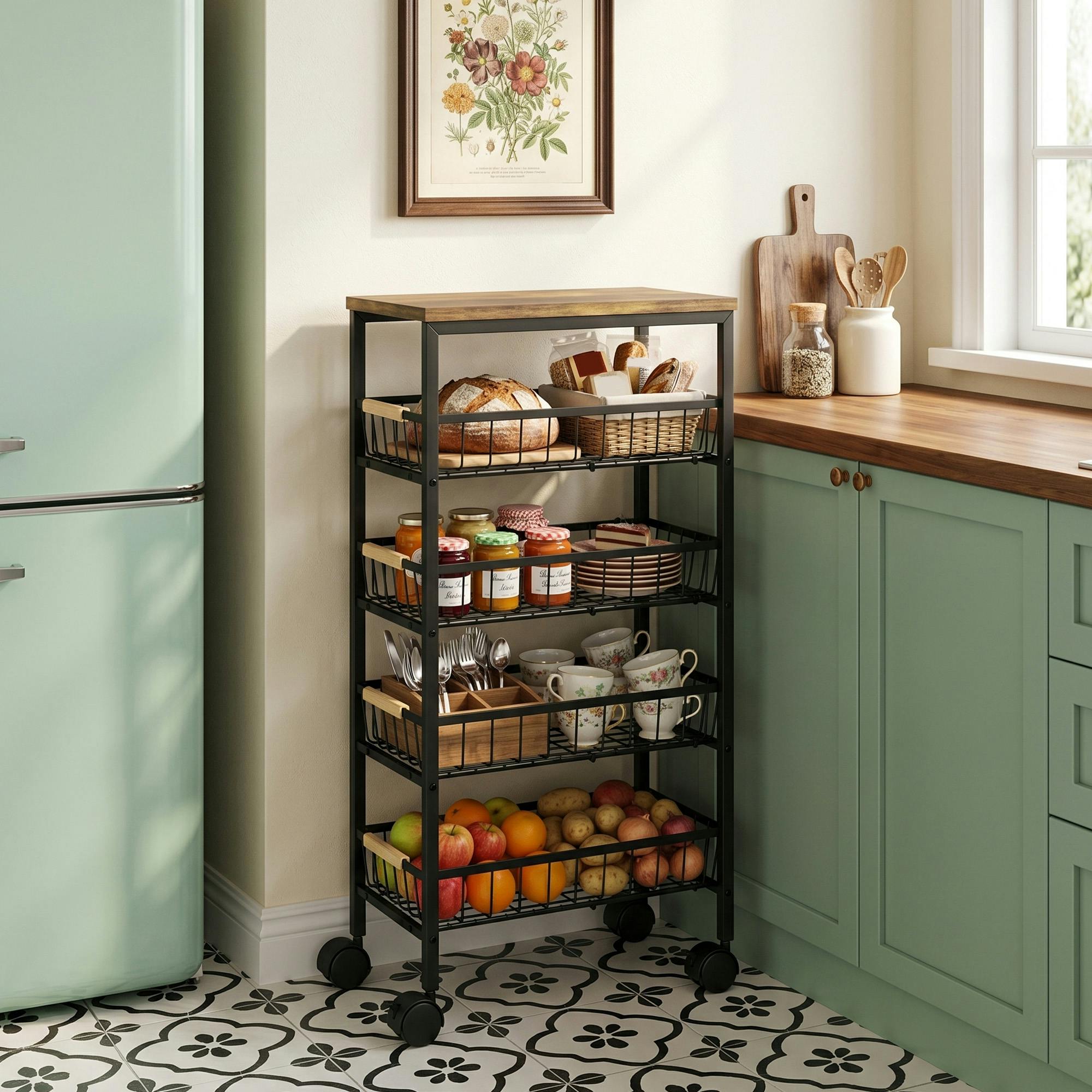Rackhams Brown Metal Kitchen Trolley With Pull-Out Baskets, Rustic