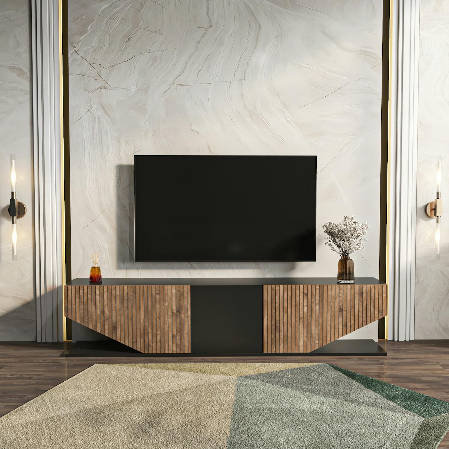 Rackhams Black Incia Modern Tv Stand Tv Unit Tv Cabinet For Tv's Up To 78" - Alina