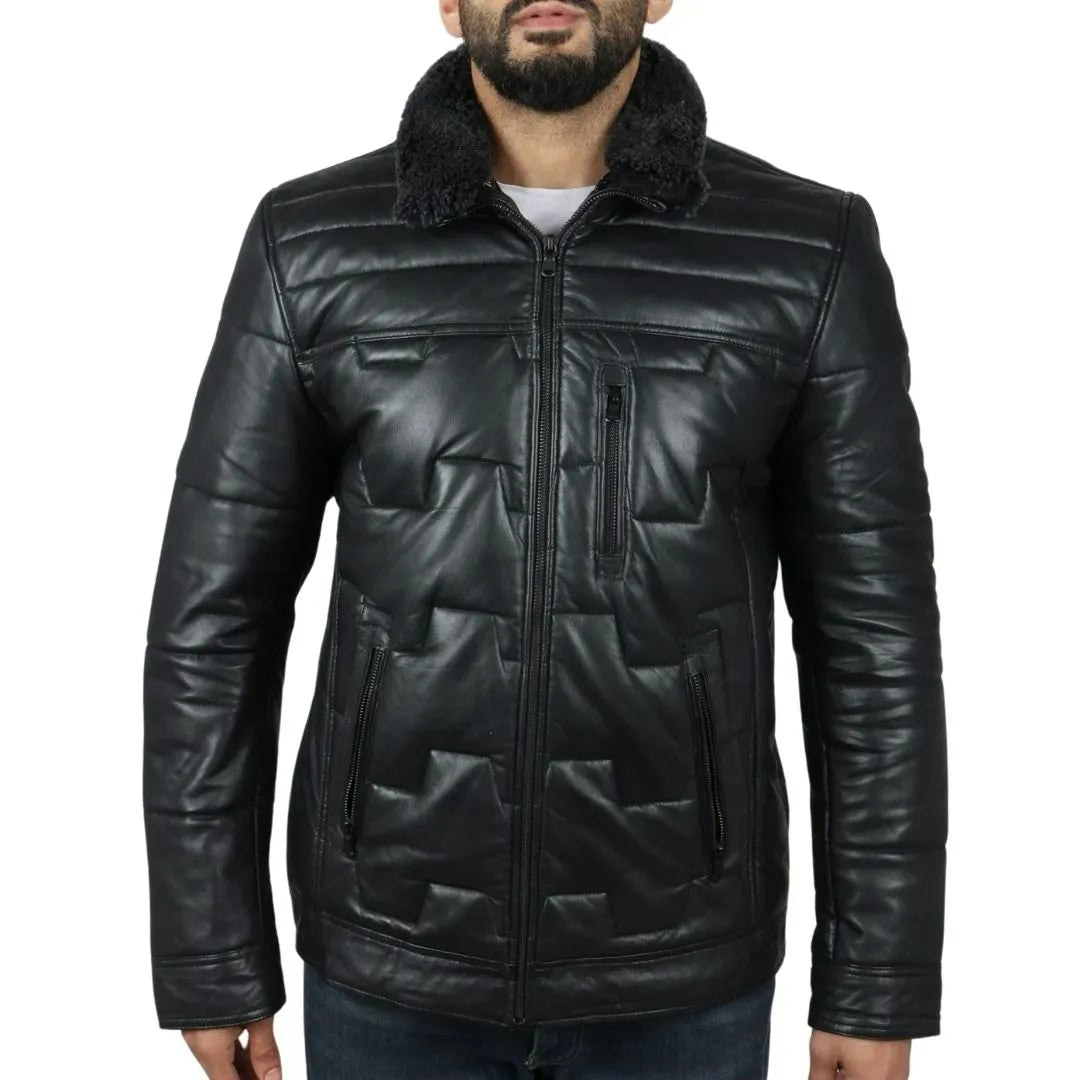 Infinity Leather Men's Black Leather Company Quilted Padded Real Leather Safari Coat - 4XL
