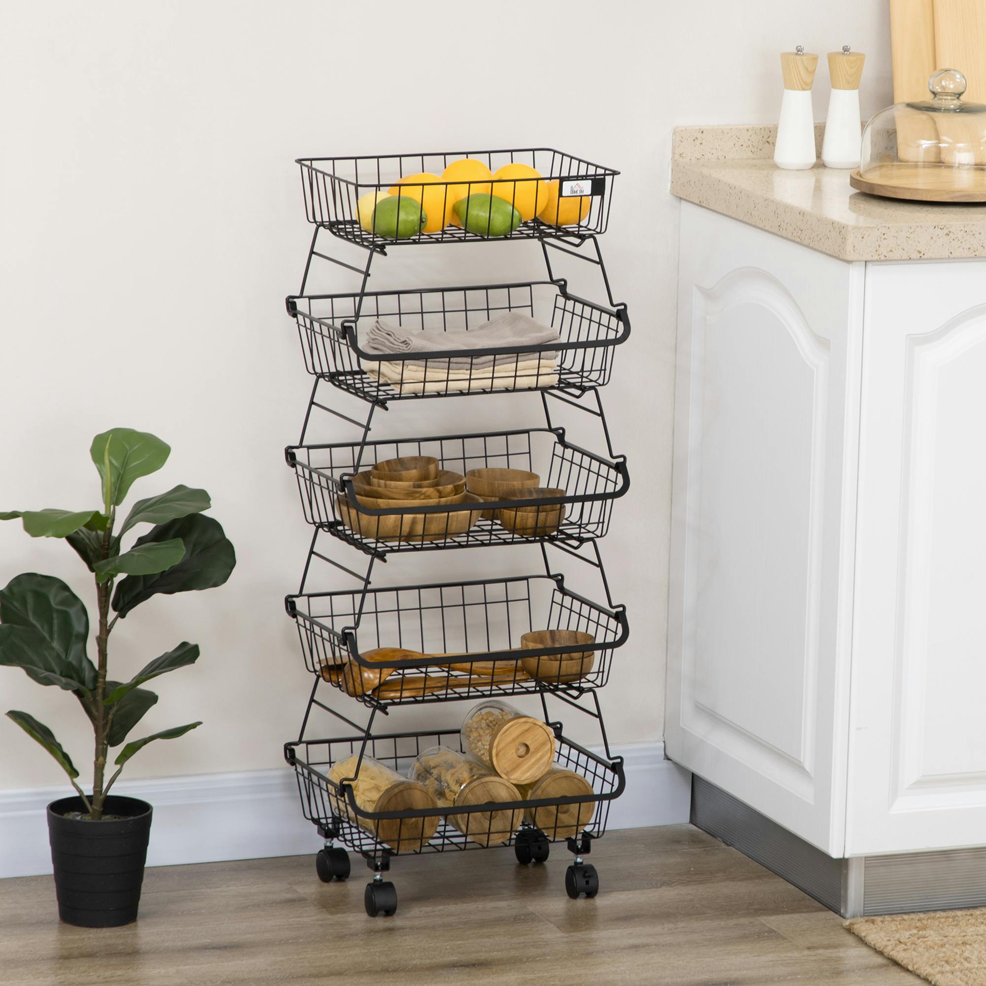 Rackhams 5 Tier Storage Trolley Cart Vegetable Rack With Wheels For Kitchen - 5 - Storage Basket - Steel