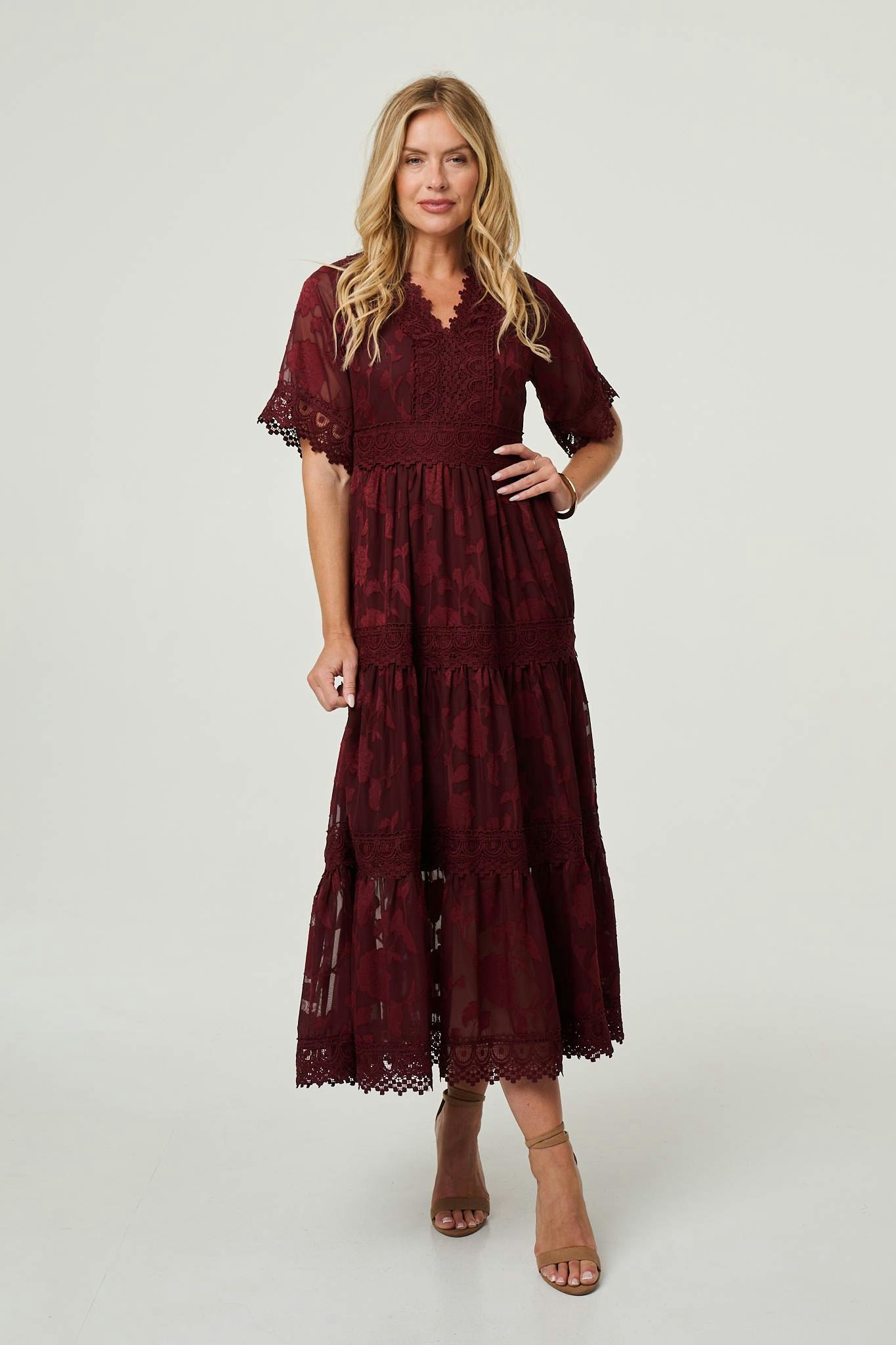 Izabel London Women's Red Floral Lace Frill 1/2 Sleeve Midi Dress - 10