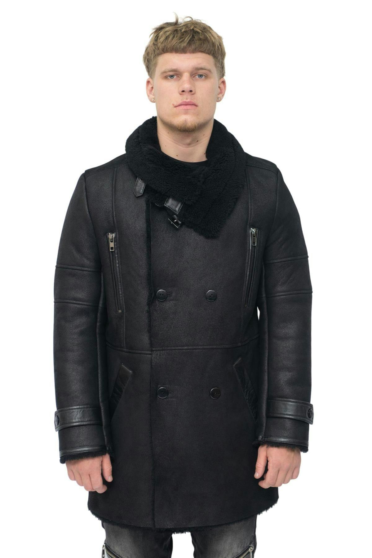 Infinity Leather Men's Black Double Breasted Sheepskin Reefer Coat-Candon - Uk 4XL | Eu 58 | Us 48