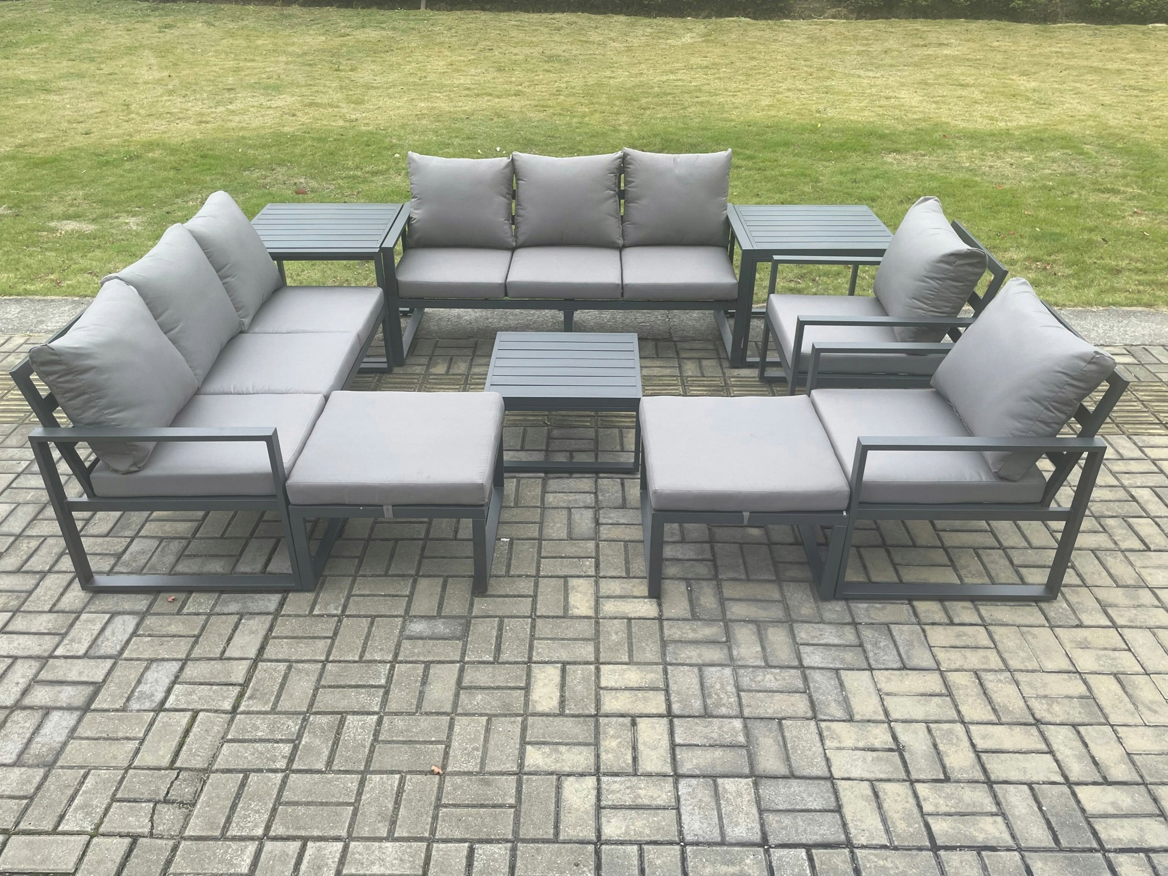 Fimous Dark/Grey Aluminium Patio Outdoor Garden Furniture Lounge Sofa Set With Square Coffee Table 2 Chairs 2 Side Tables 2 Big Footstool