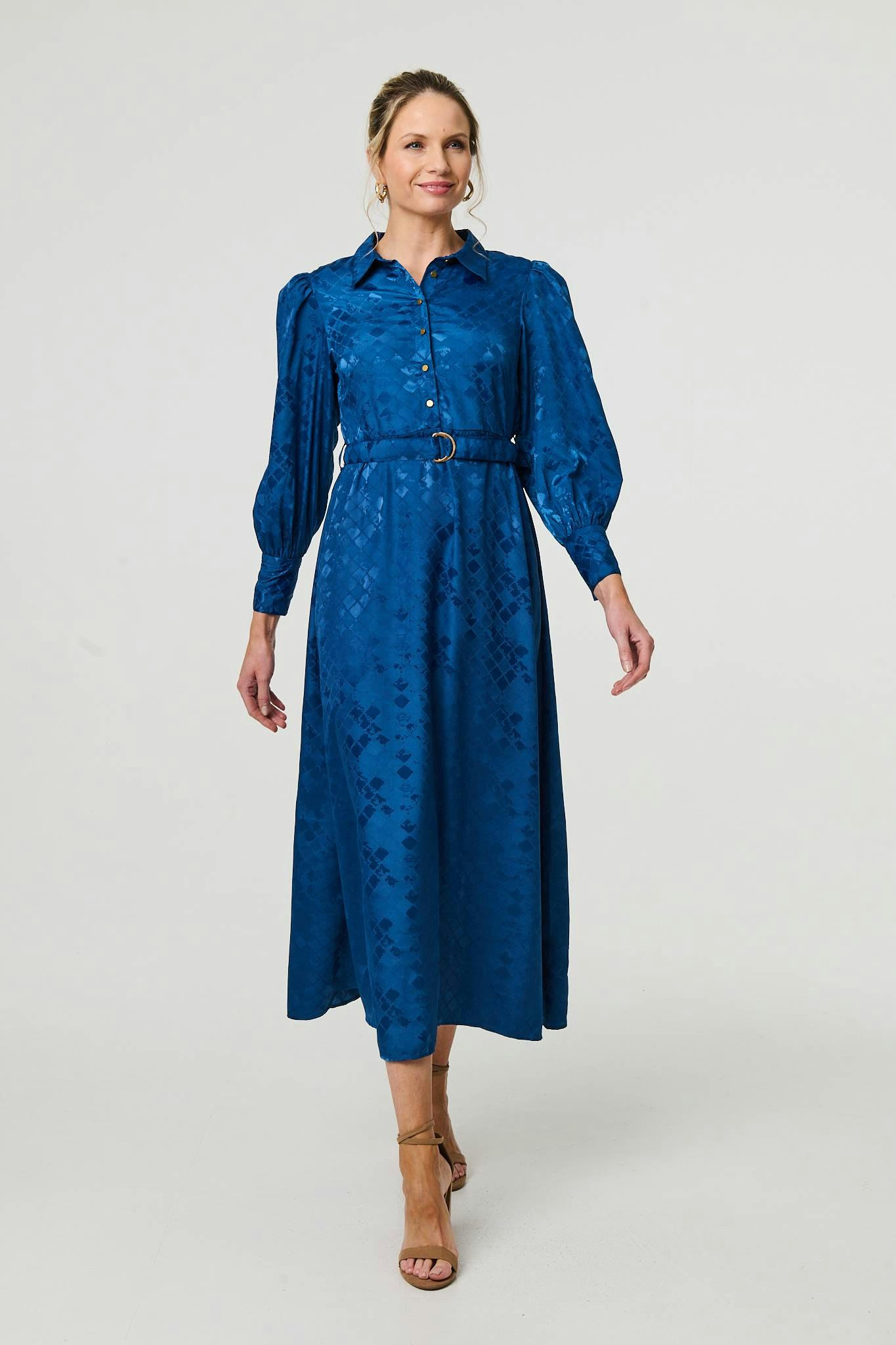 Izabel London Blue Metallic Puff Sleeve Maxi Shirt Dress - 16