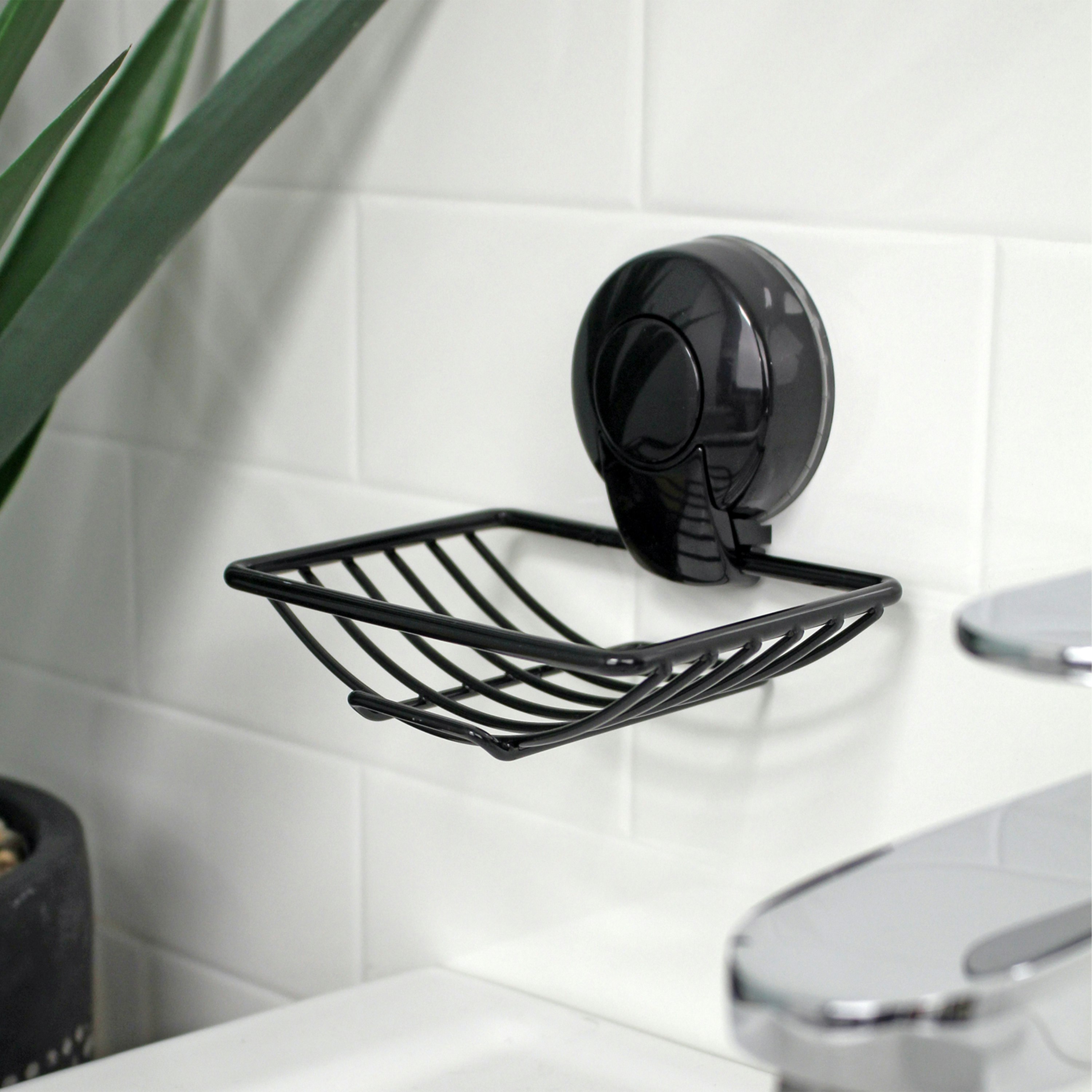 Showerdrape Black Suctionloc Steel Suction Wall Mounted Soap Basket