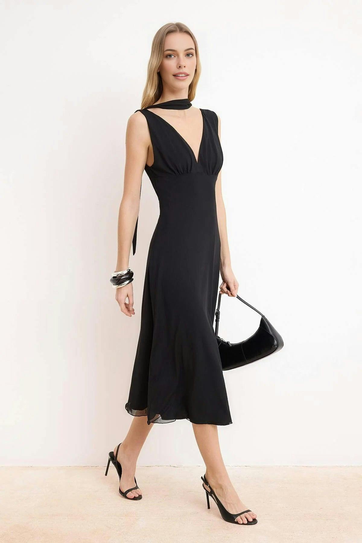 Wovcor Black A-Line Sleeveless Ruched Maxi Tulle Knit Dress - L