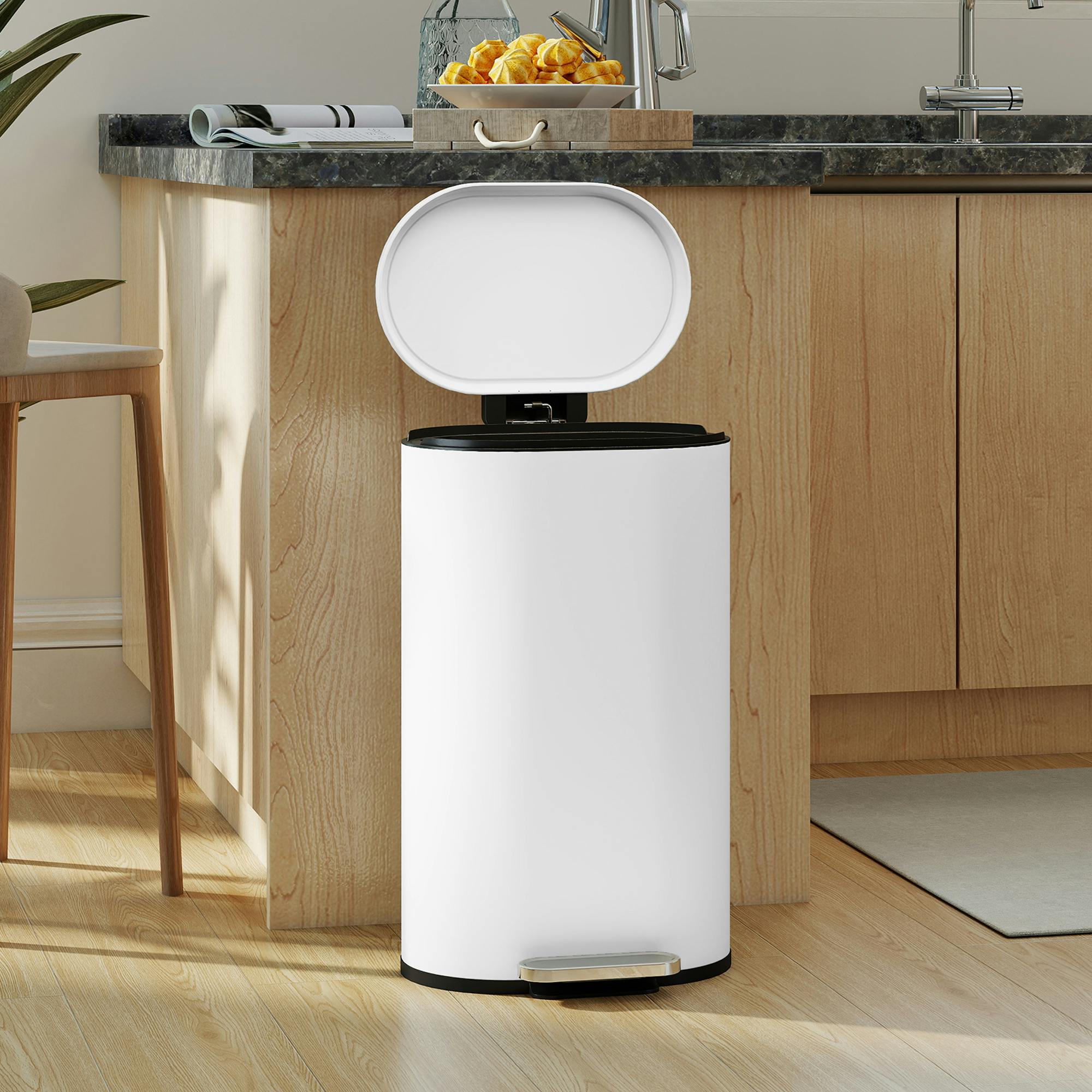 Homcom White Slim Rectangular Pedal Bin With Soft-Close Lid, 30L Kitchen Bin