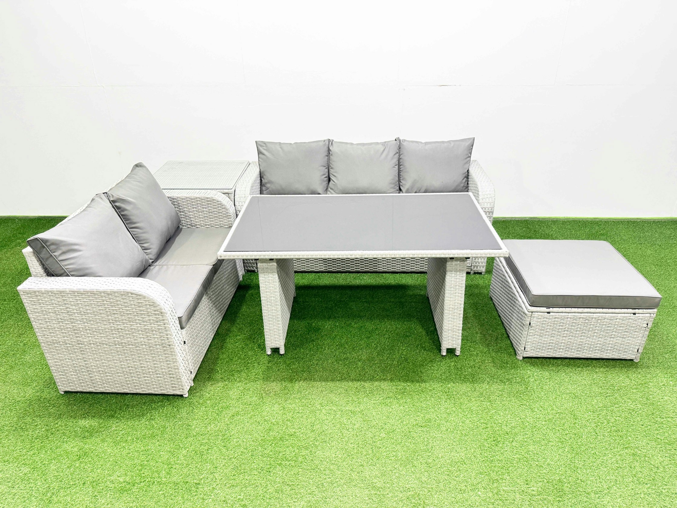 Fimous Light/Grey Garden Furniture Set Pe Ratten Garden Sofa Set With Rectangular Dining Table Big Stool Side Table