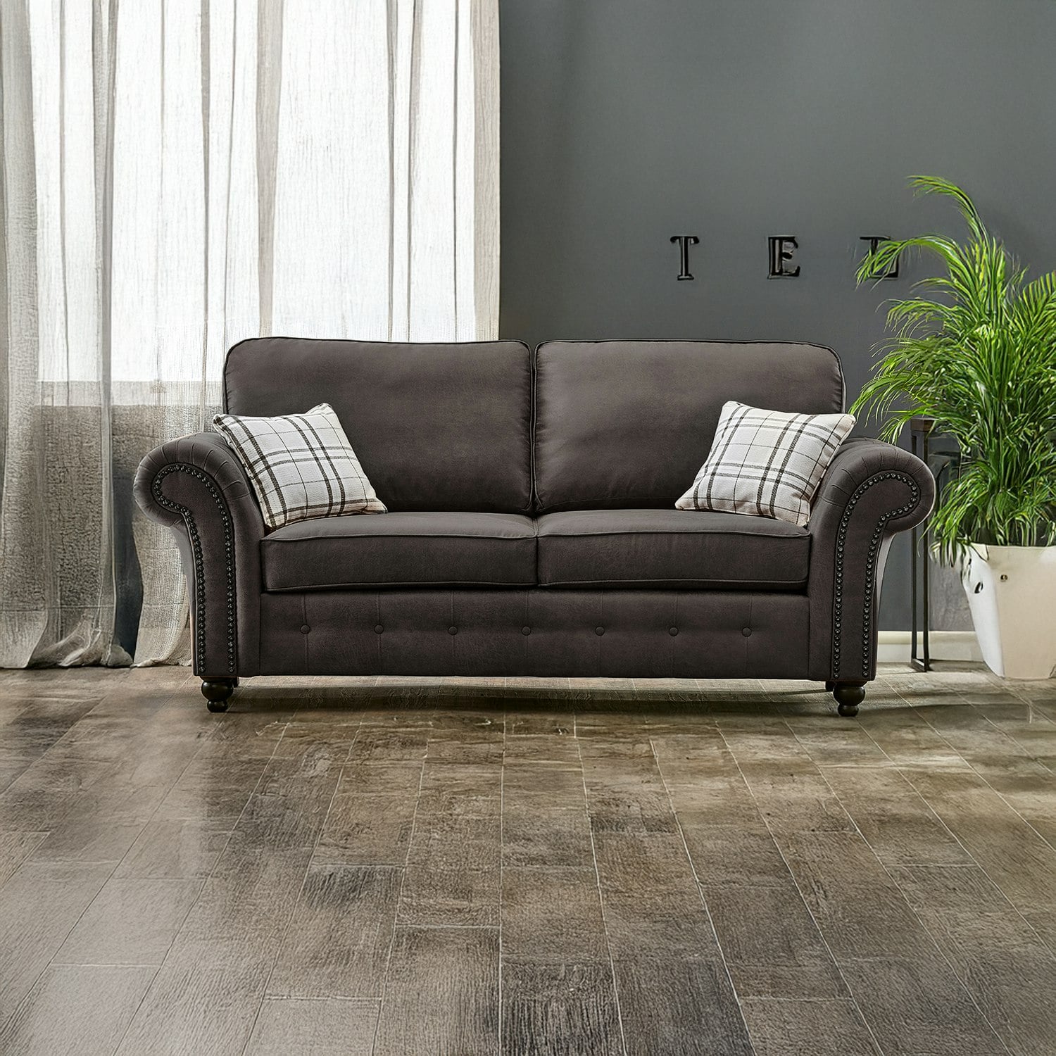 Furnishings For Less Grey Oakland Chesterfield Leather 3 Seater - Charcoal