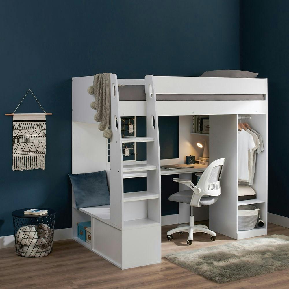Rackhams White Harry High Sleeper With Desk & Wardrobe - Single