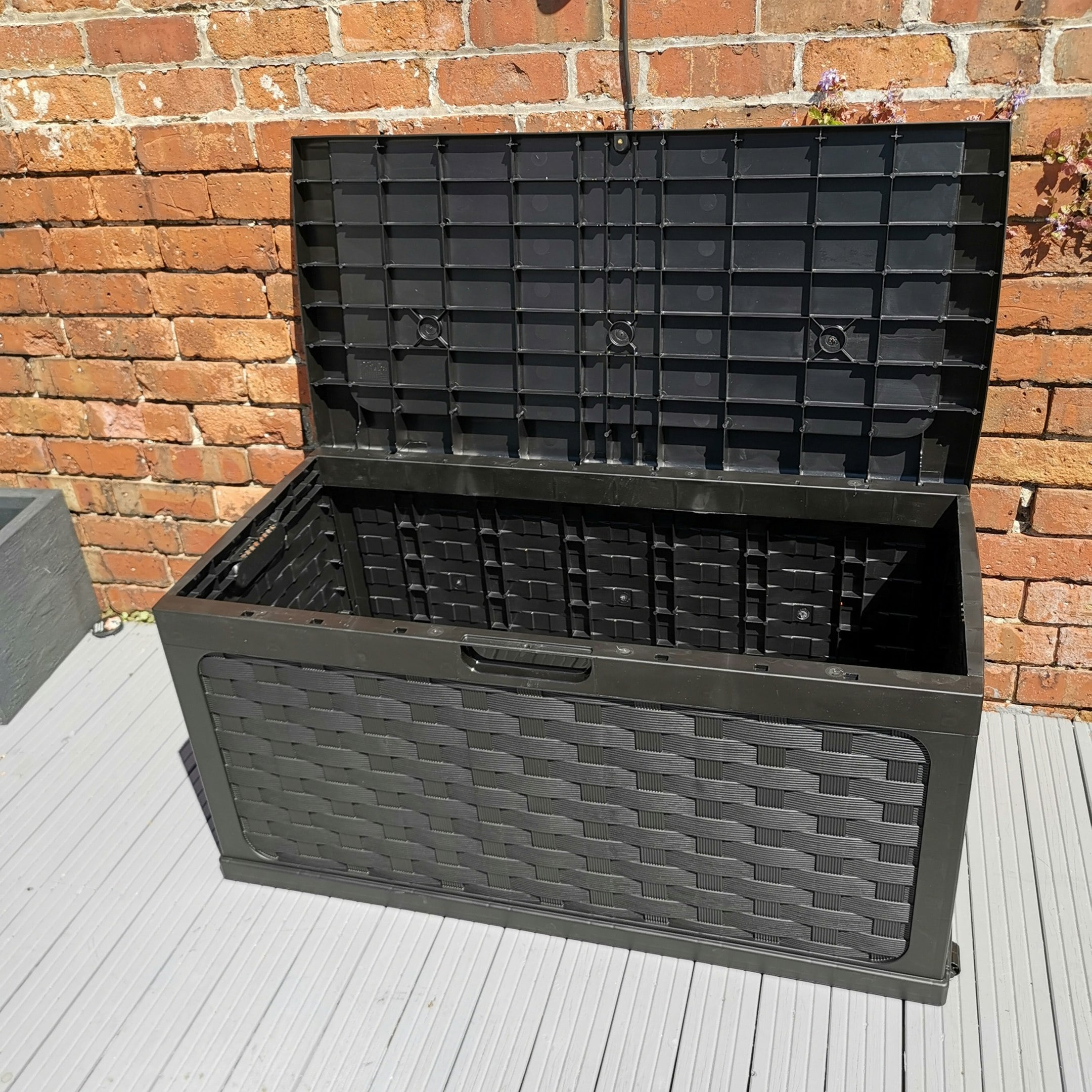 Rackhams Black 335 Litre Rattan Style Garden Cushion Storage Box With Sit On Lid –