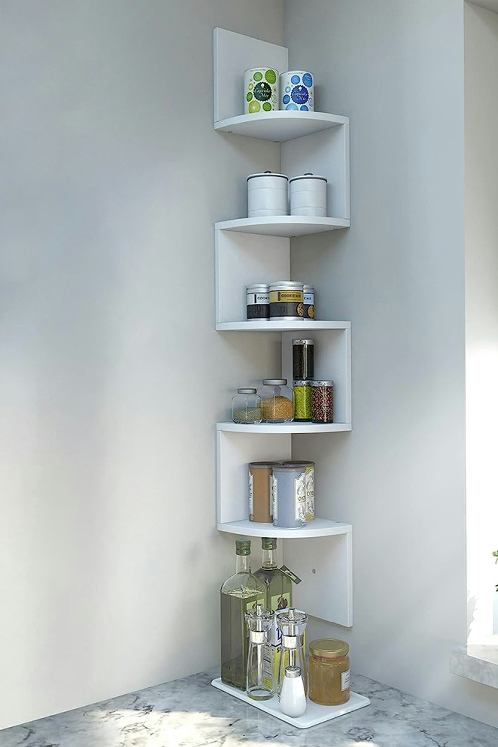 Living And Home White 5 Tier Audrienne Corner Bookcase Wooden Zigzag Floating Corner Shelves