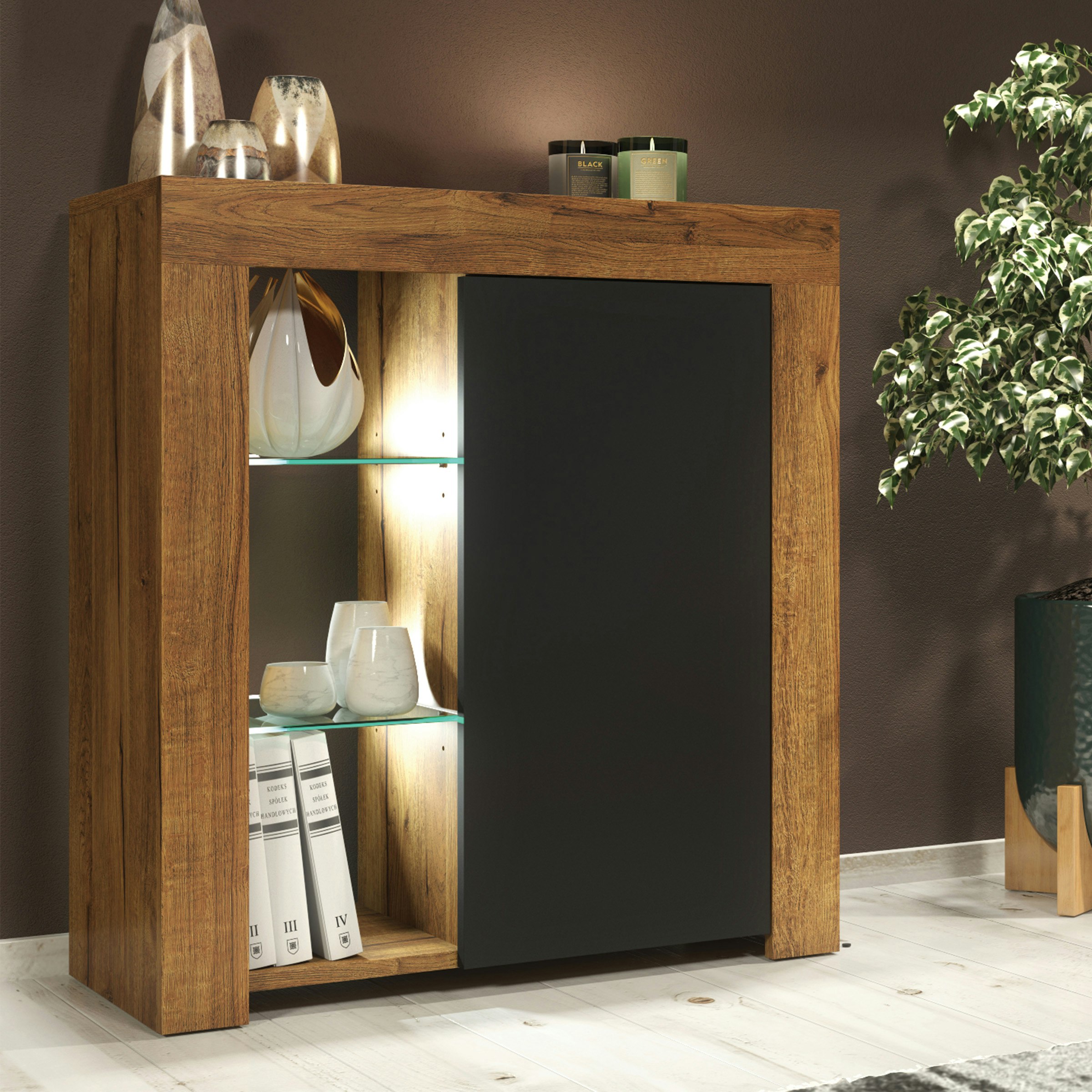 Rackhams Black Modern Sideboard 75Cm – Oak Matt Body & Matt Door – Glass Shelves With Free Led - 83 - Oak & - Mdf/Chipboard