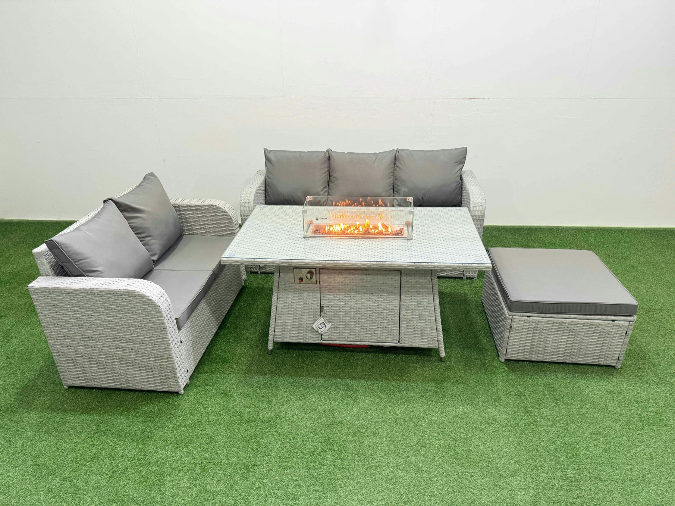 Rackhams Light/Grey/Dark 6 Seater Pe Rattan Wicker Garden Furniture Patio Conservatory Sofa Set With Fire Pit Dining Table 3 Seater Sofa Love Sofa Big Footstool