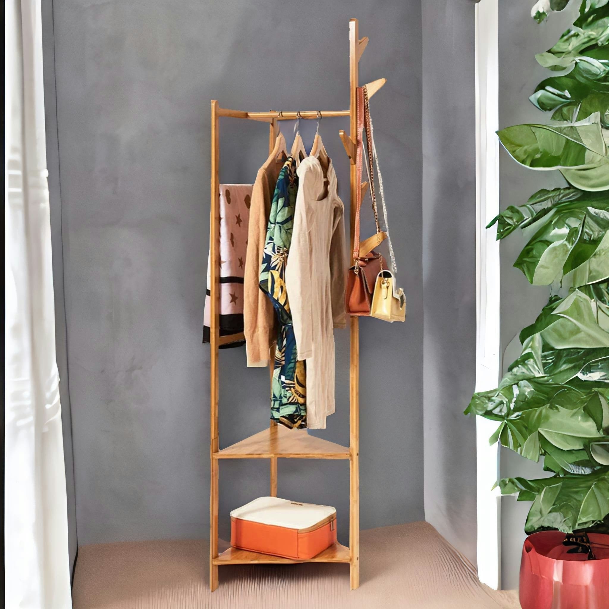 Rackhams Wooden Coat Rack Stand With 2 Shelves