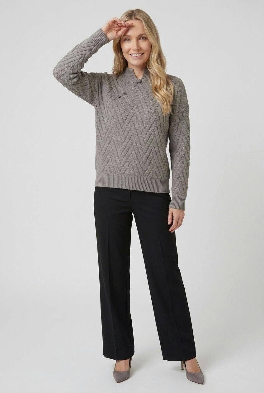 Izabel London Grey Chevron Texture Mandarin Collar Jumper - M