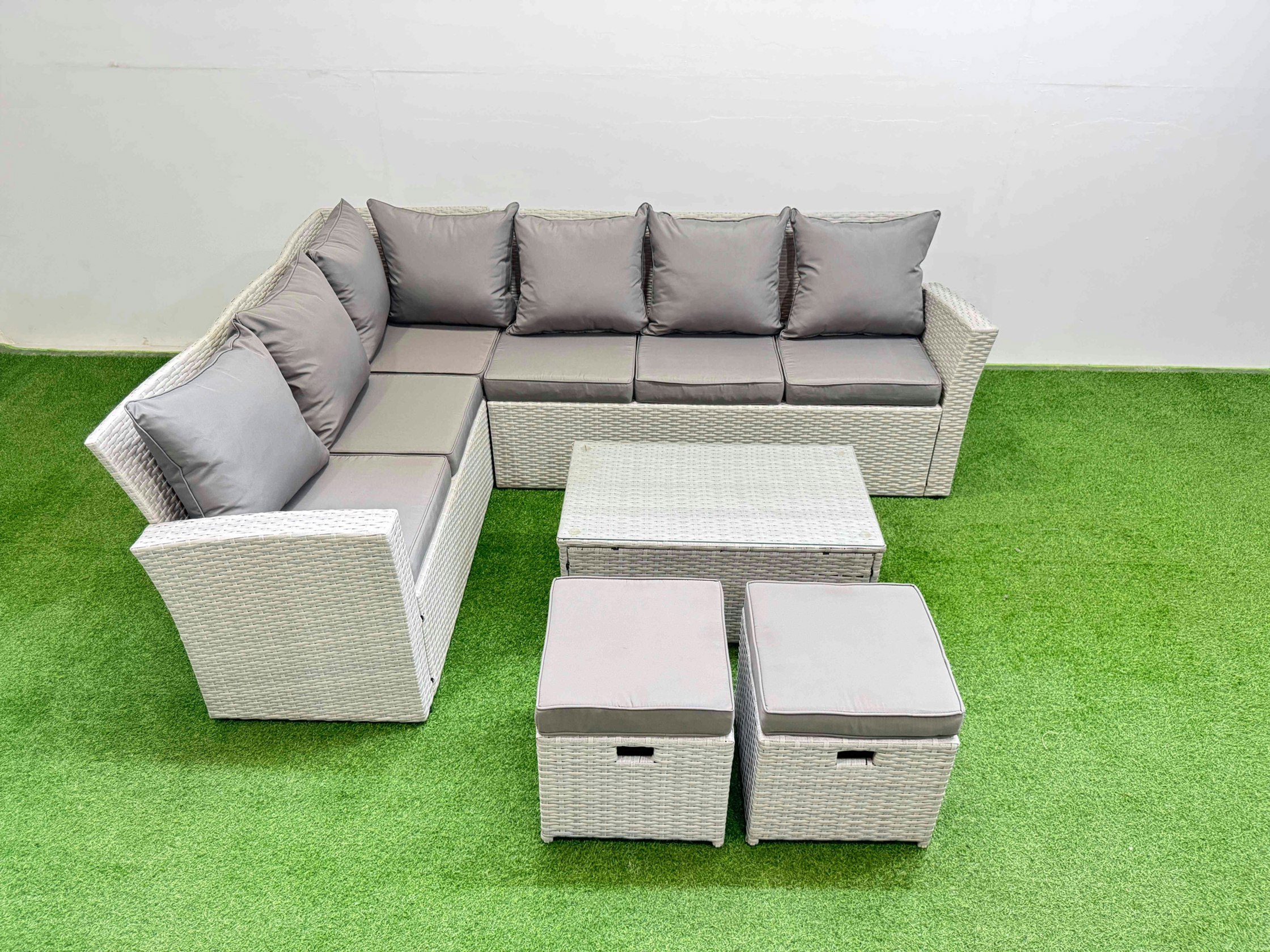 Rackhams Light/Grey 8 Seater Garden Outdoor Pe Rattan Furniture Set Rattan Garden Sofa Sets With Oblong Coffee Table Mixed