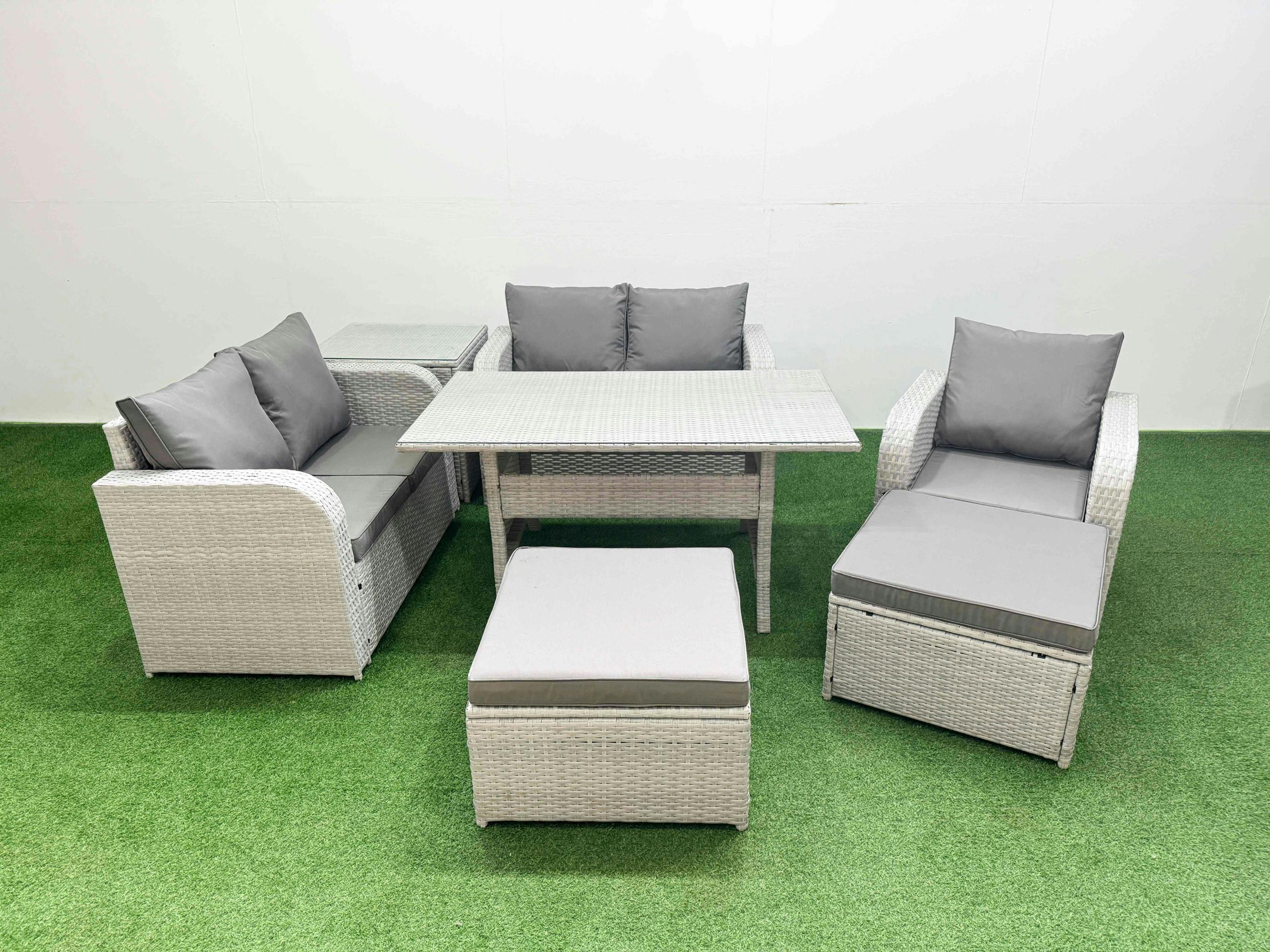 Fimous Light/Grey High Back Poly Rattan Garden Furniture Set, Reclining Chair, Loveseat, Dining Table, Indoor Outdoor, 2 Big Stool, Side Table,
