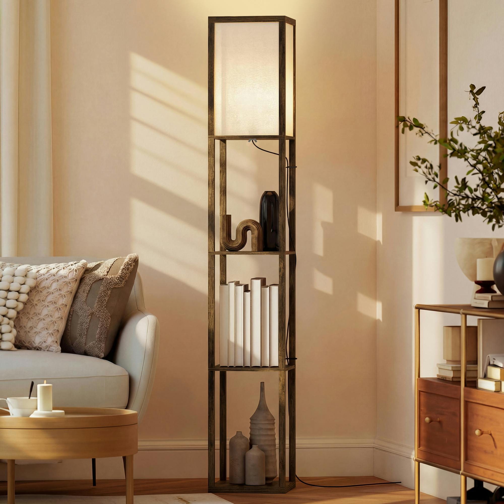 Homcom Brown Floor Lamp Reading Lamp With 3-Tier Storage Shelf