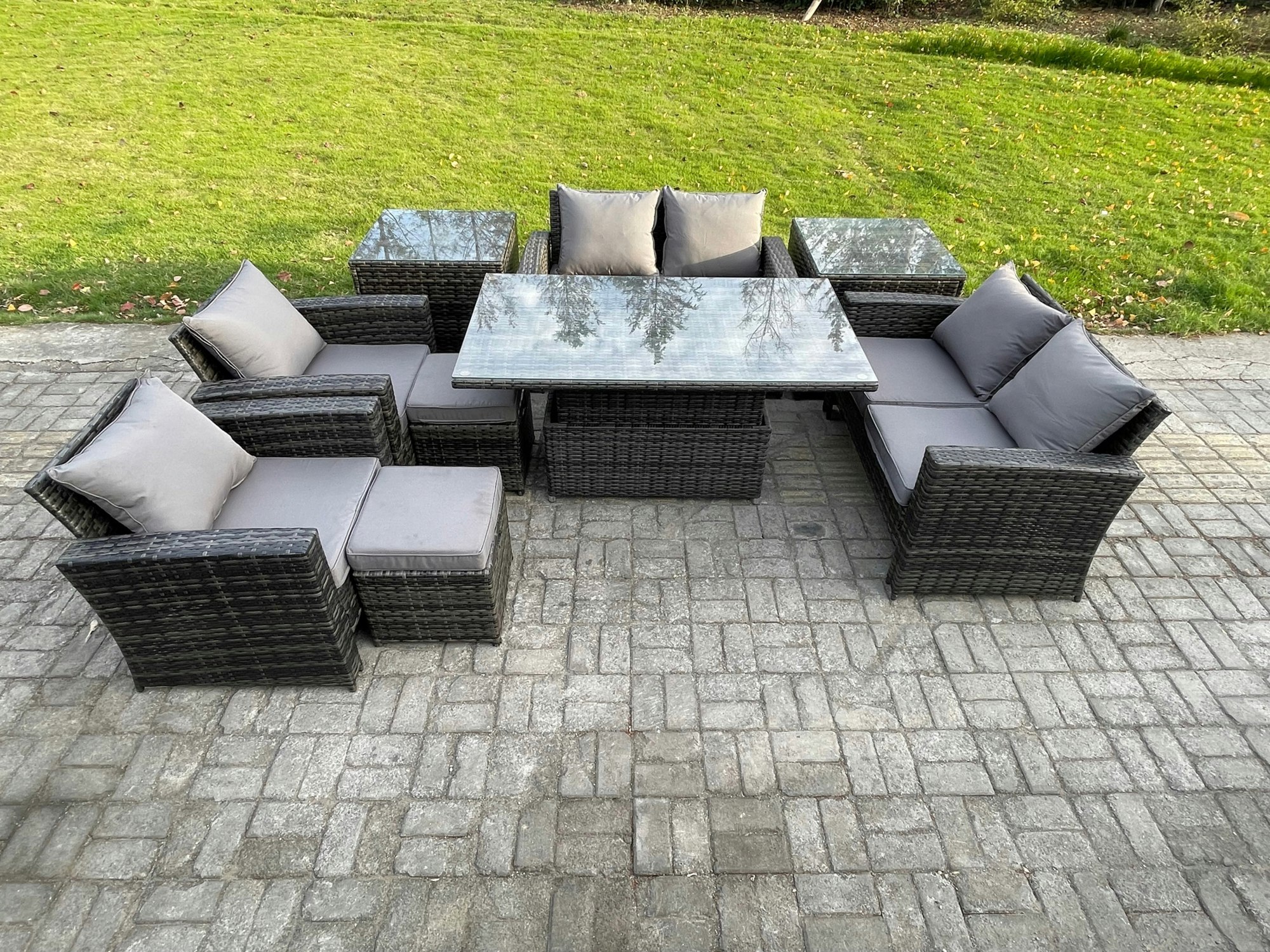 Rackhams Dark/Grey Outdoor Garden Furniture Sets 9 Pieces Wicker Rattan Furniture Sofa Dining Table Set With 2 Small Footstools 2 Side Tables Mixed