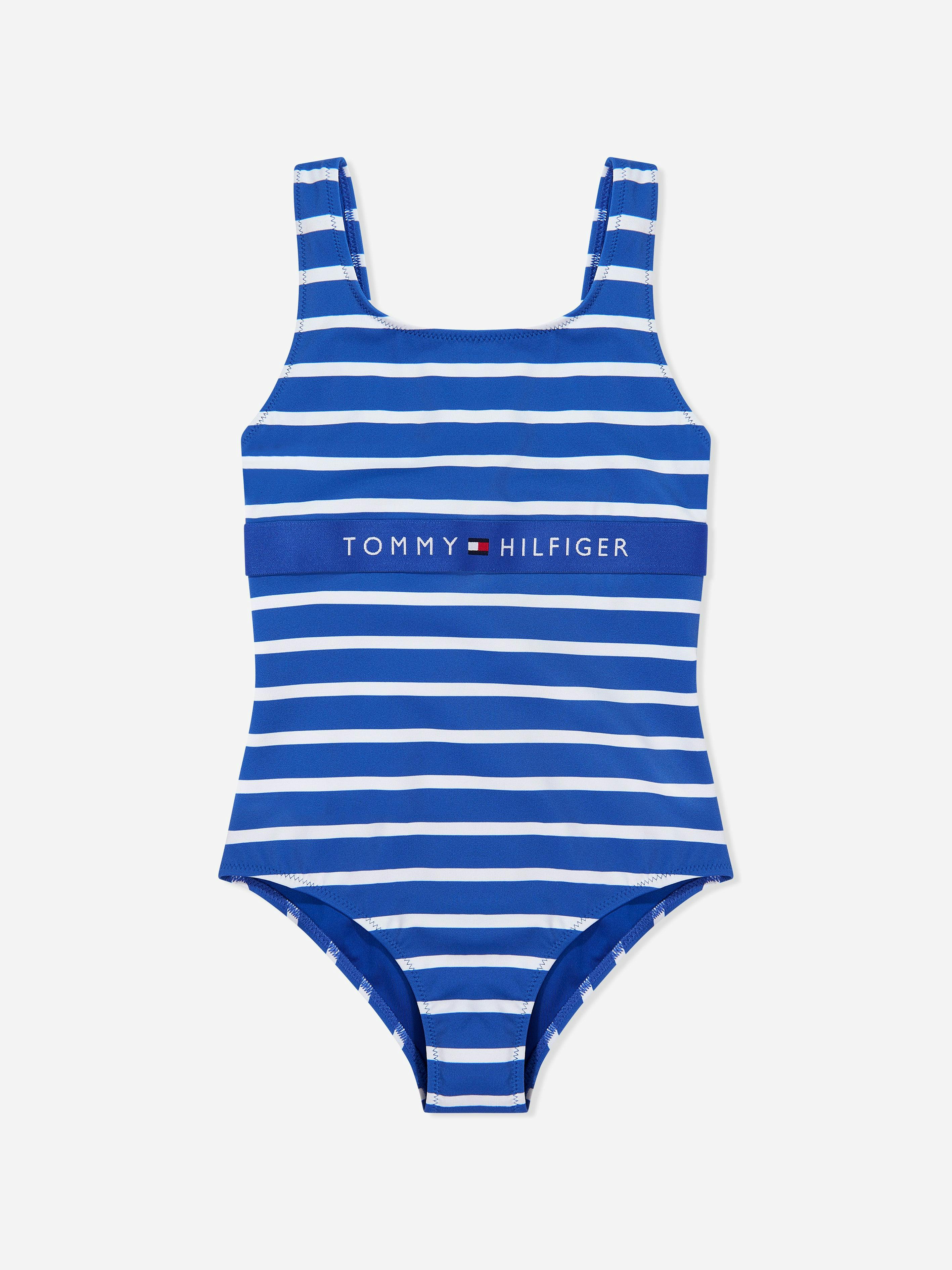Tommy Hilfiger Girls Blue Square Neck Striped Swimsuit In - Navy - 12 - 14 Yrs