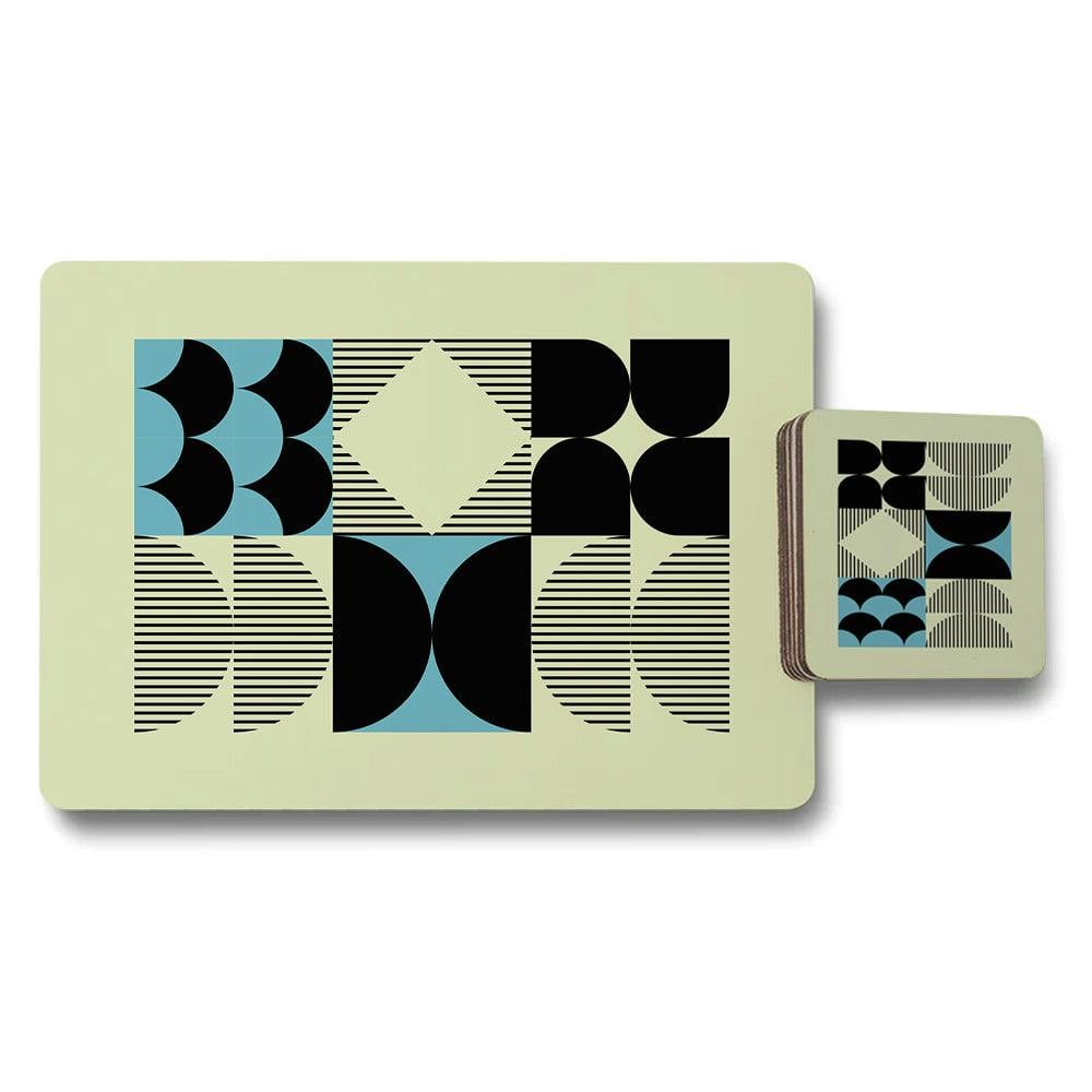 Benjamin Tate Design Black Geometric Designer Placemats And Coasters Wood Bottom Set Of 12