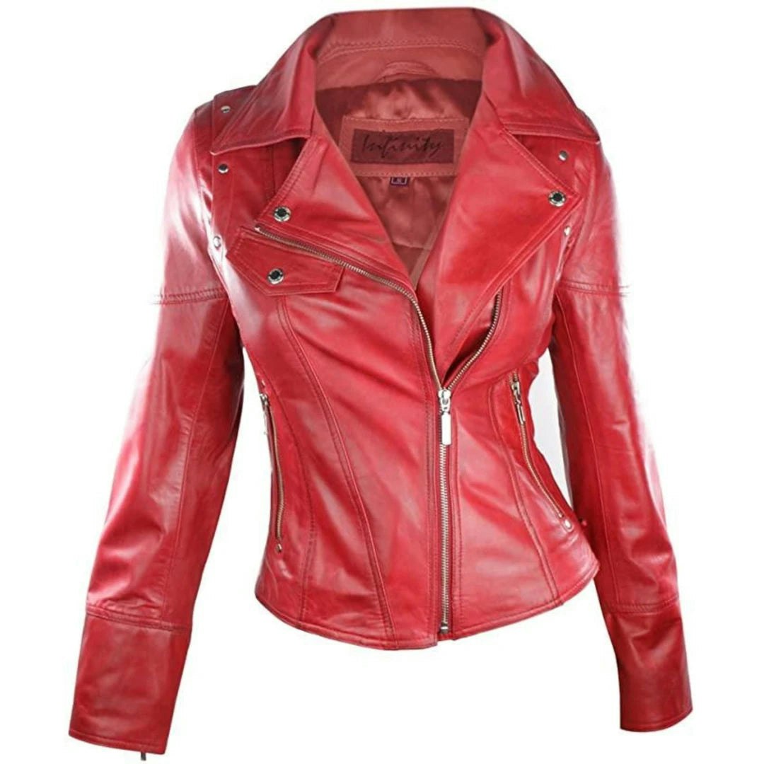 Aviatrix Women's Black/Red 100% Leather Jacket Short Fitted Bikers Rock - Uk 10