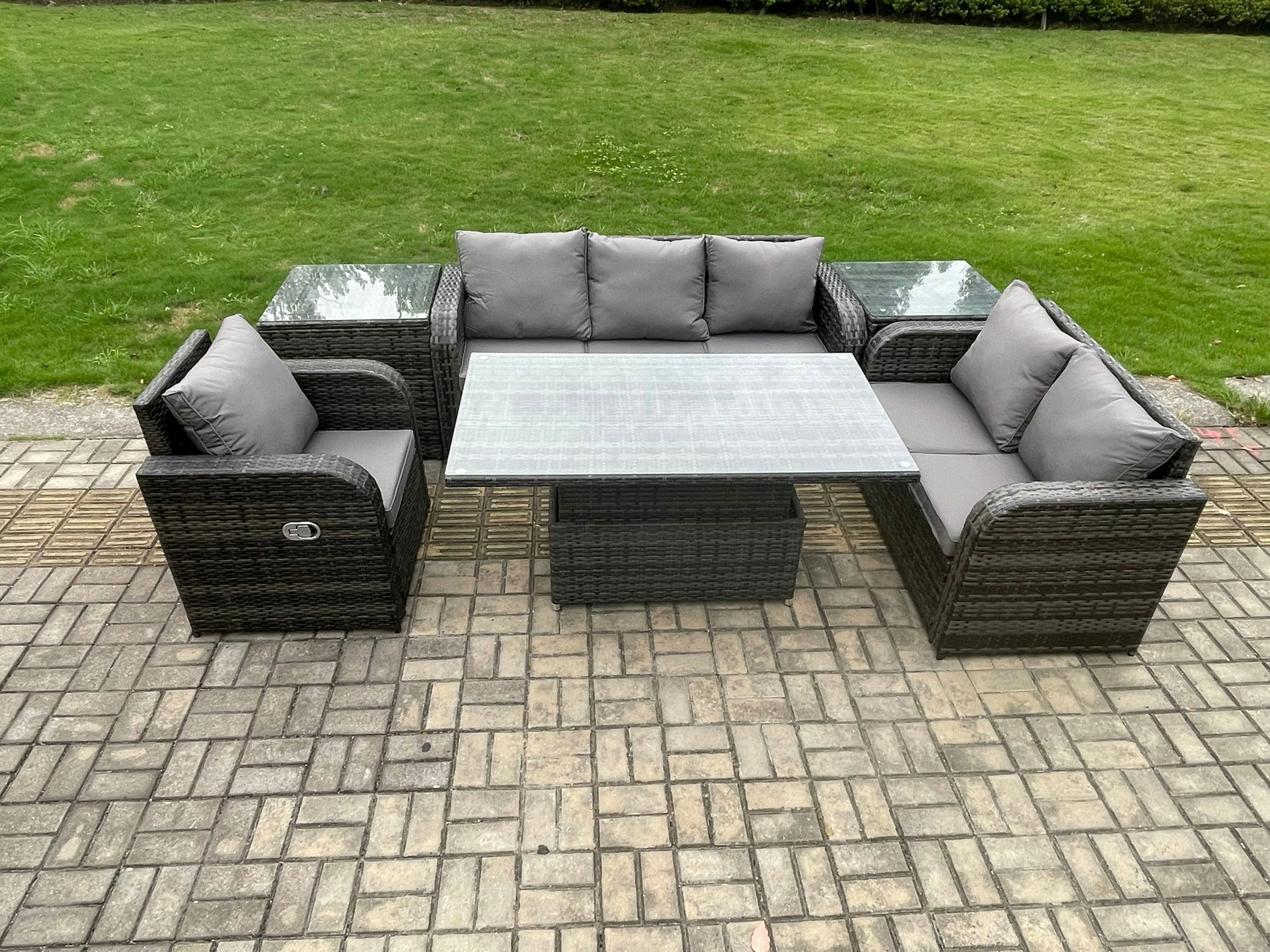 Rackhams Dark/Grey Outdoor Rattan Furniture Garden Dining Set Patio Height Adjustable Rising Lifting Table Reclining Chair Sofa With 2 Side Tables Mixed