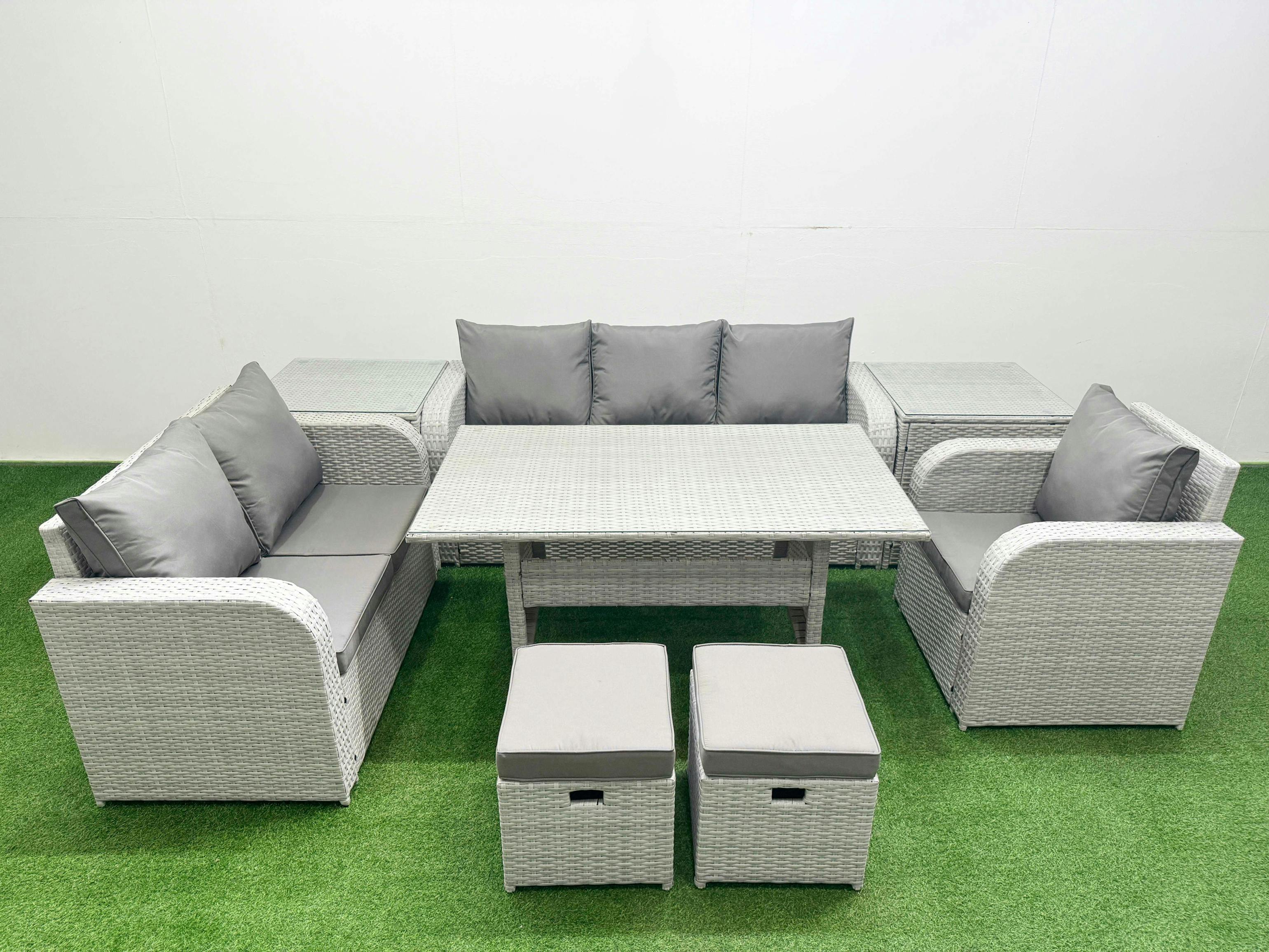 Fimous Light/Grey 8 Seater Pe Wicker Rattan Garden Furniture Patio Set, Dining Table, Reclining Chair, Loveseat, 3 Seater Sofa, Stool, 2 Side Table,